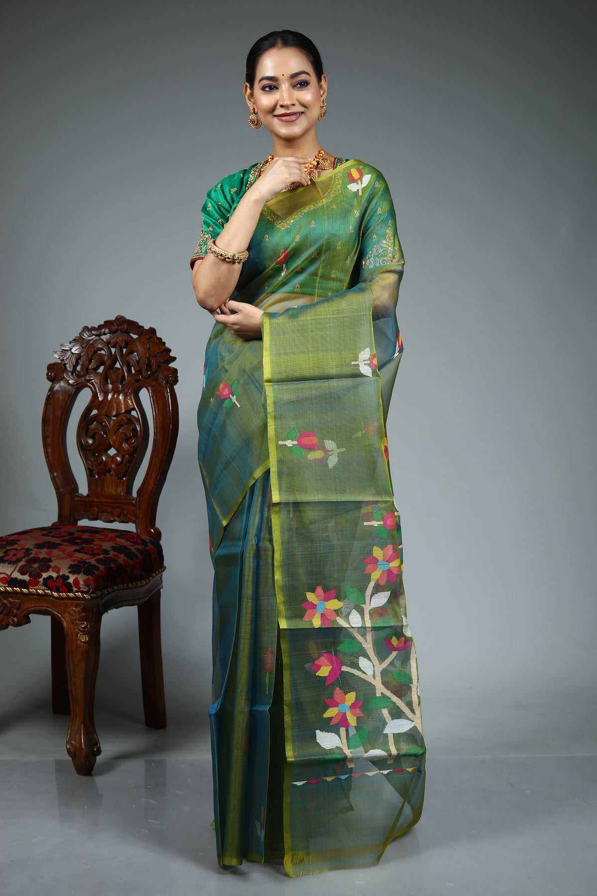 Olive Green Muslin Saree