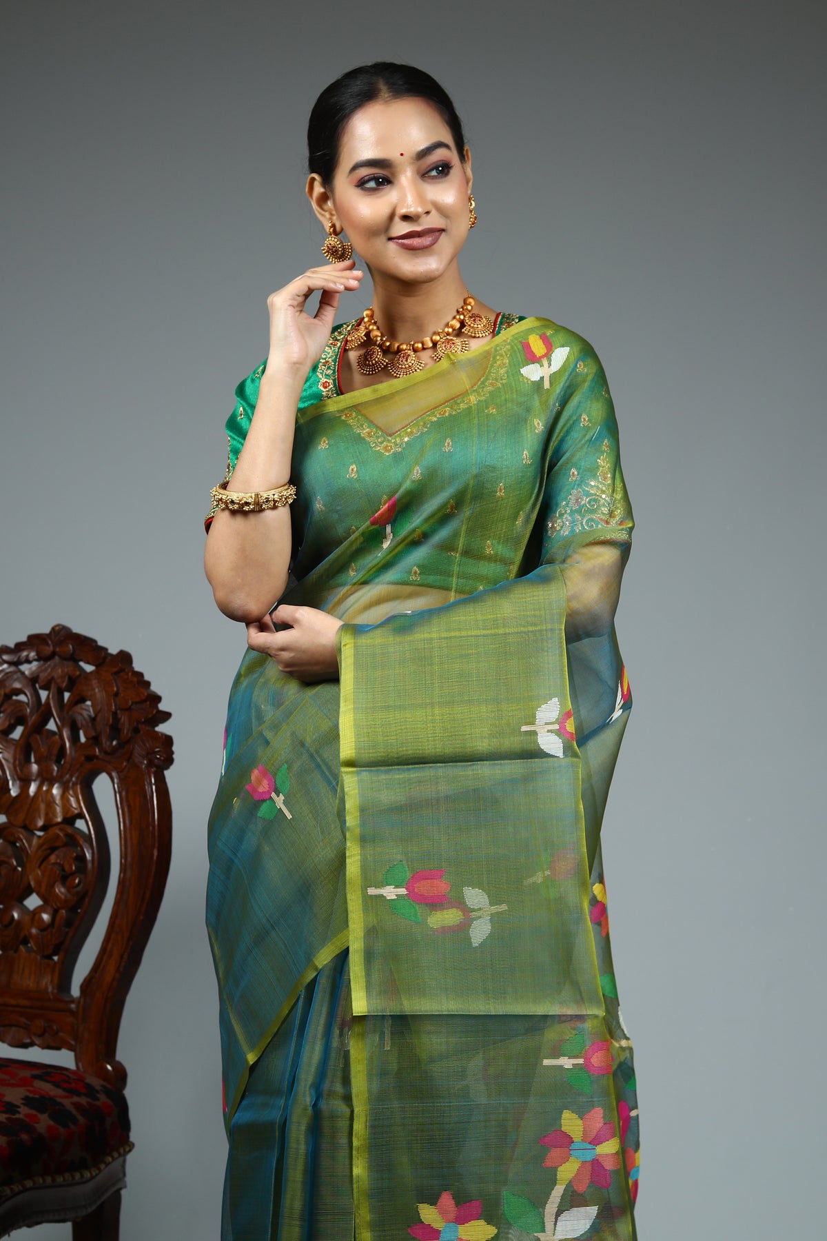 Olive Green Muslin Saree