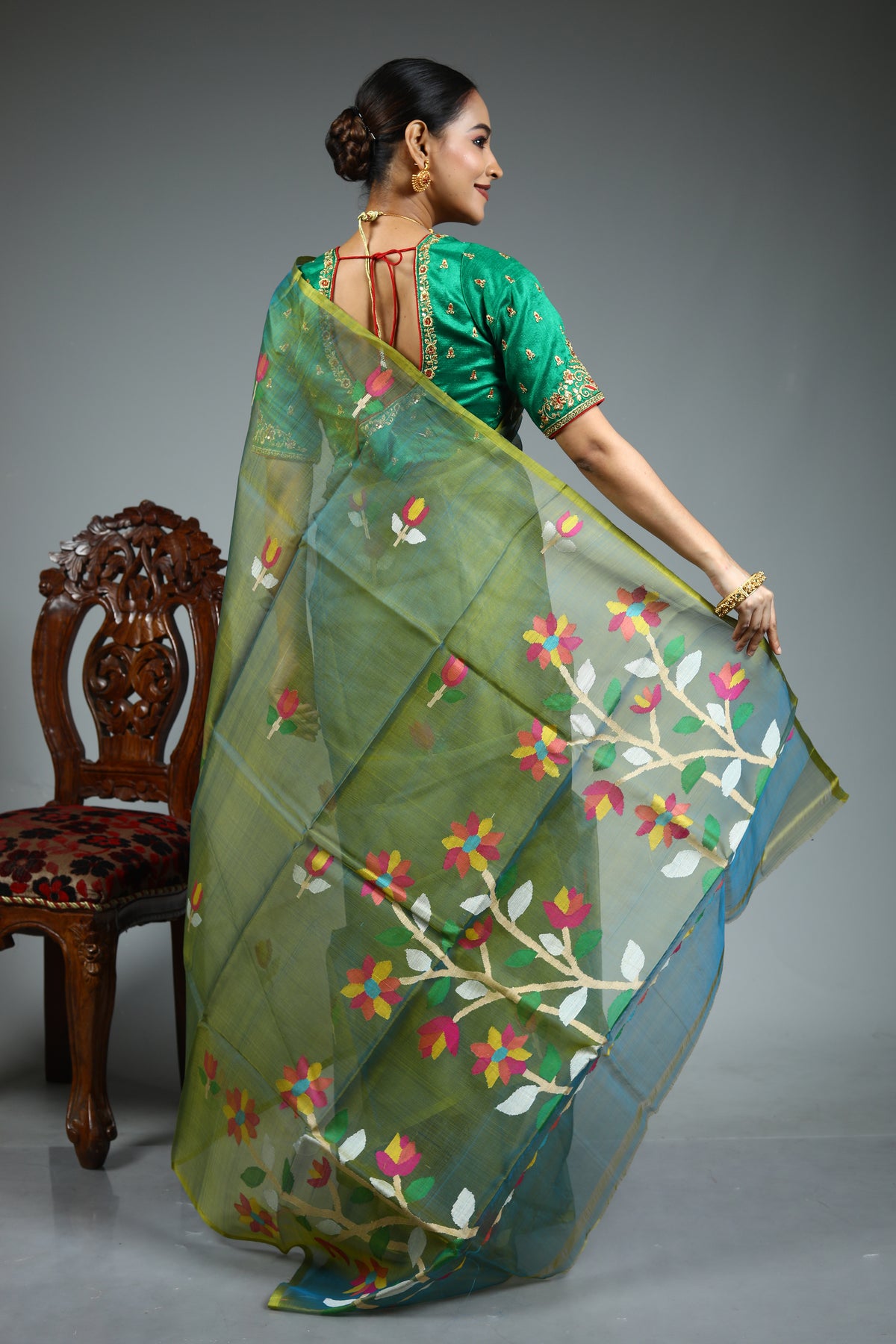 Olive Green Muslin Saree