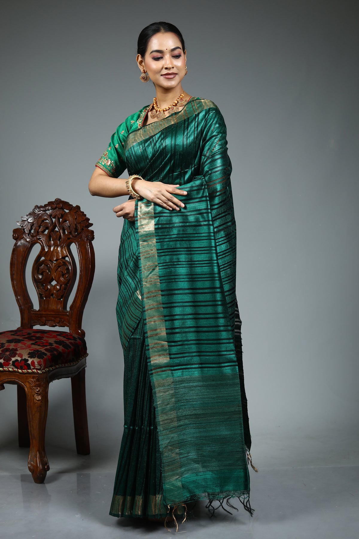 Bottle Green Tussar Saree
