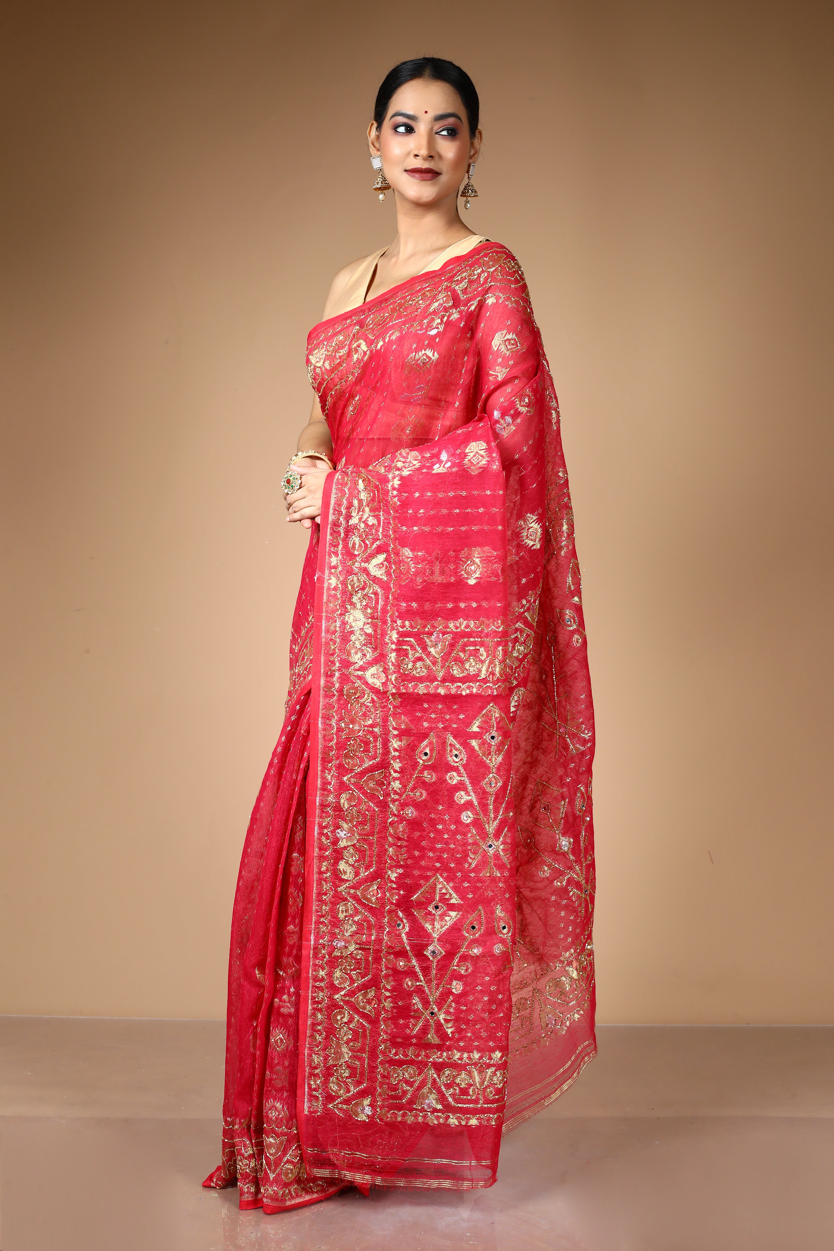 Red Jamdani Saree with Cutdana Work
