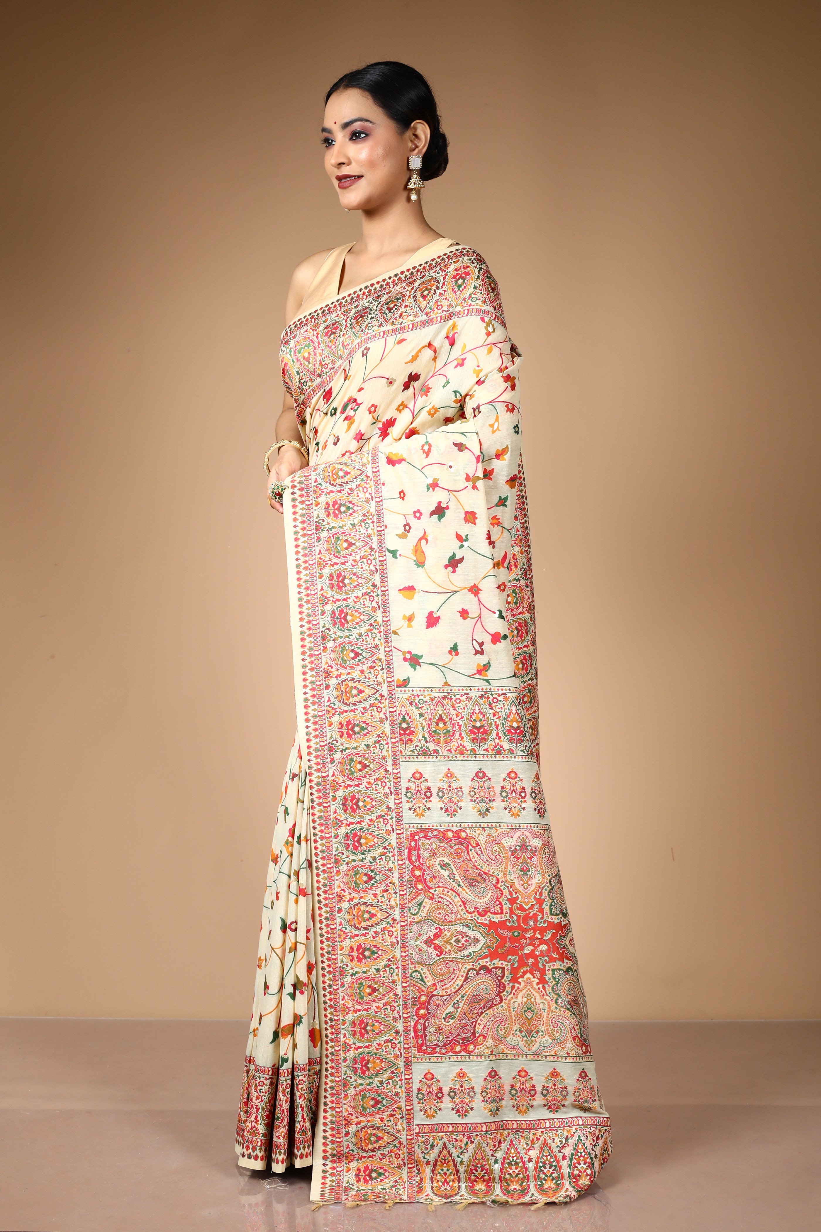 Beige Pure Silk Saree with Threadwork
