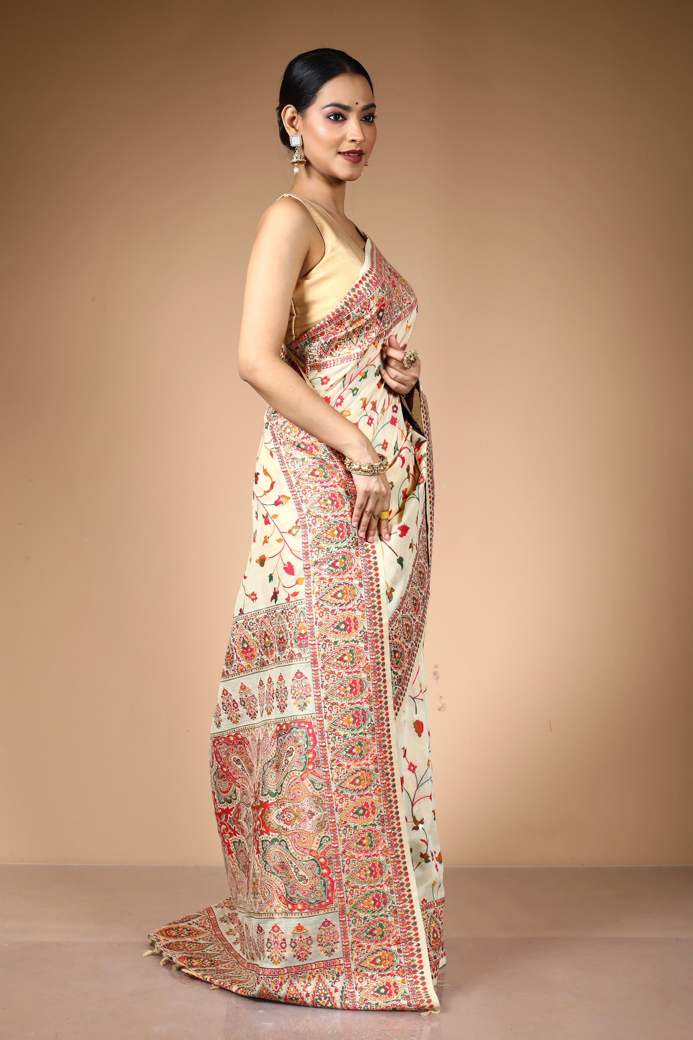 Beige Pure Silk Saree with Threadwork