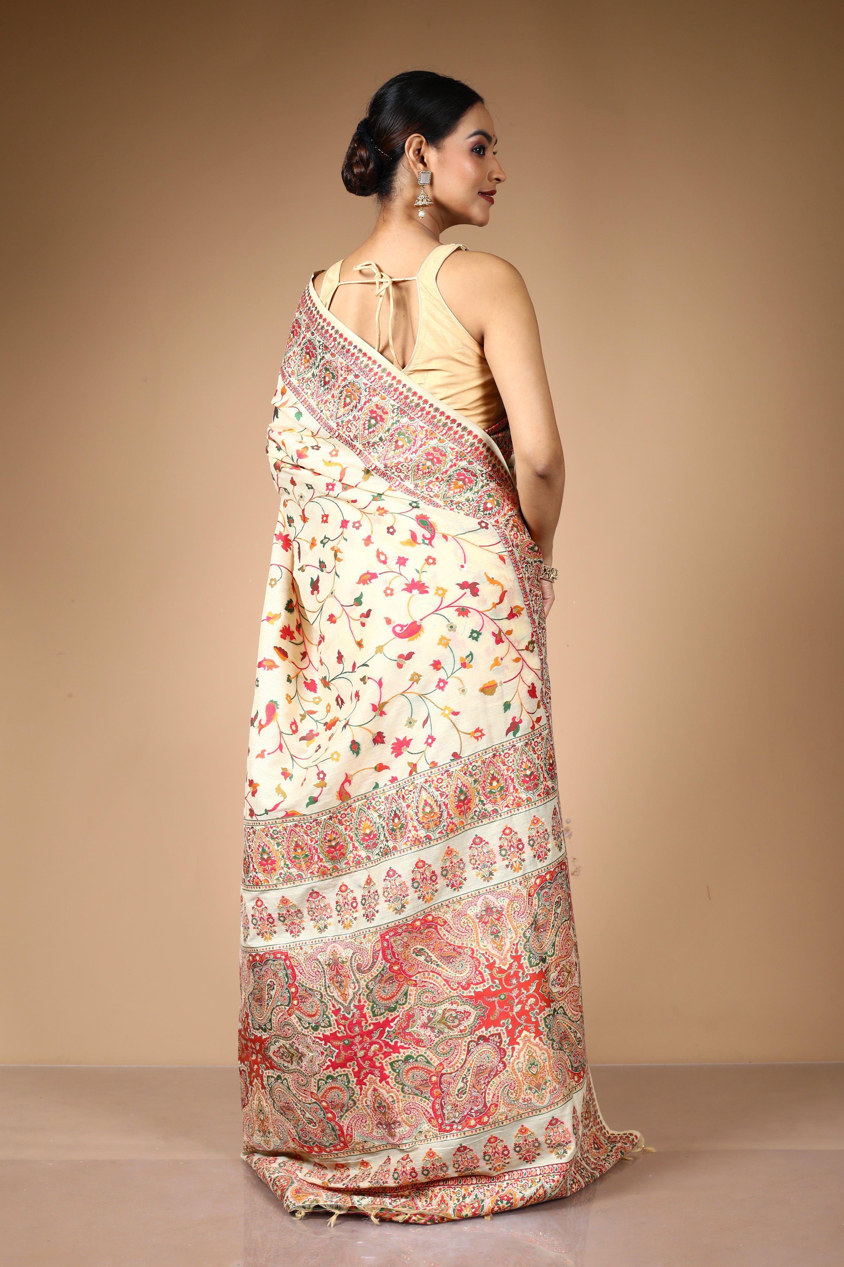 Beige Pure Silk Saree with Threadwork