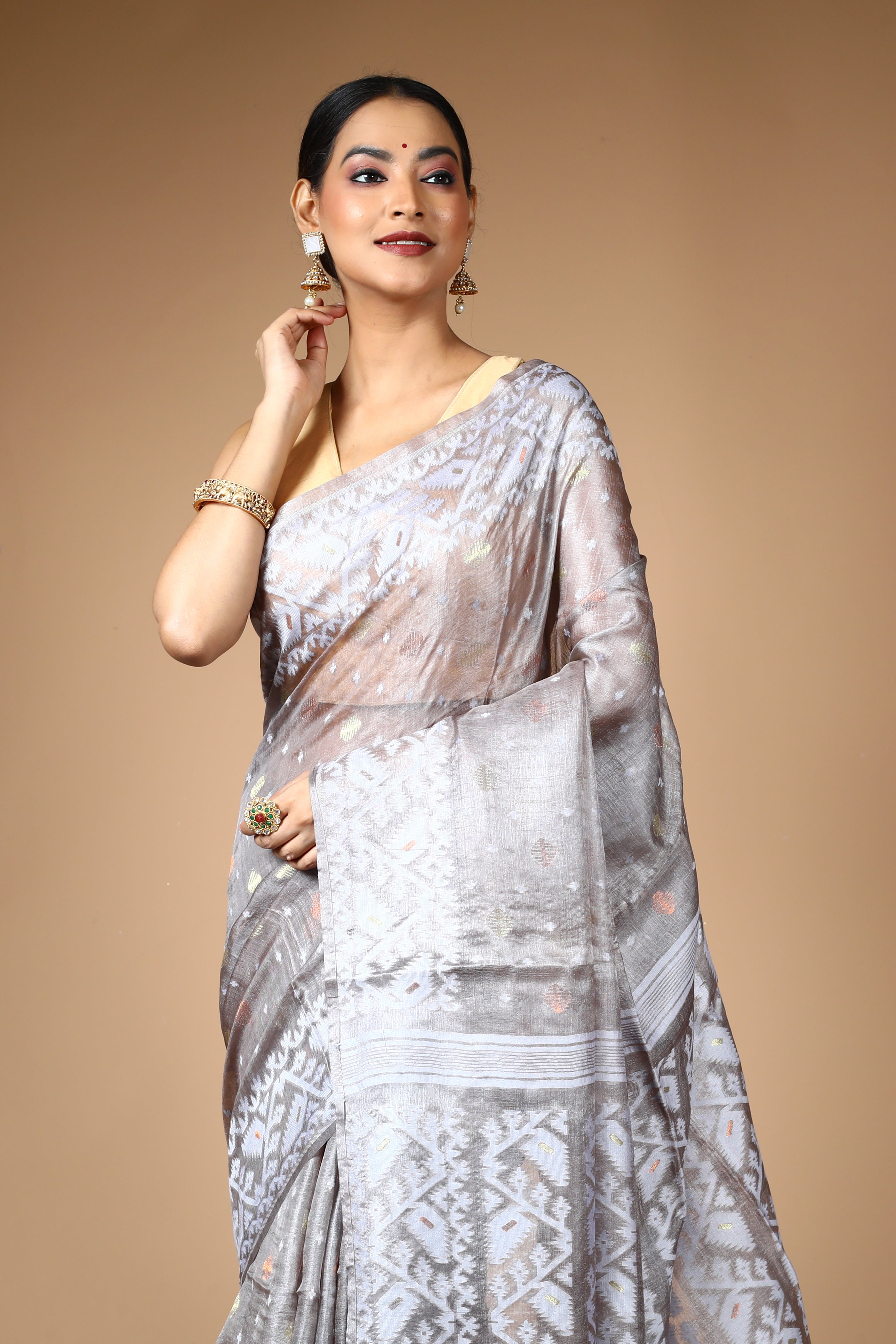 Grey Pure Kora Silk Saree