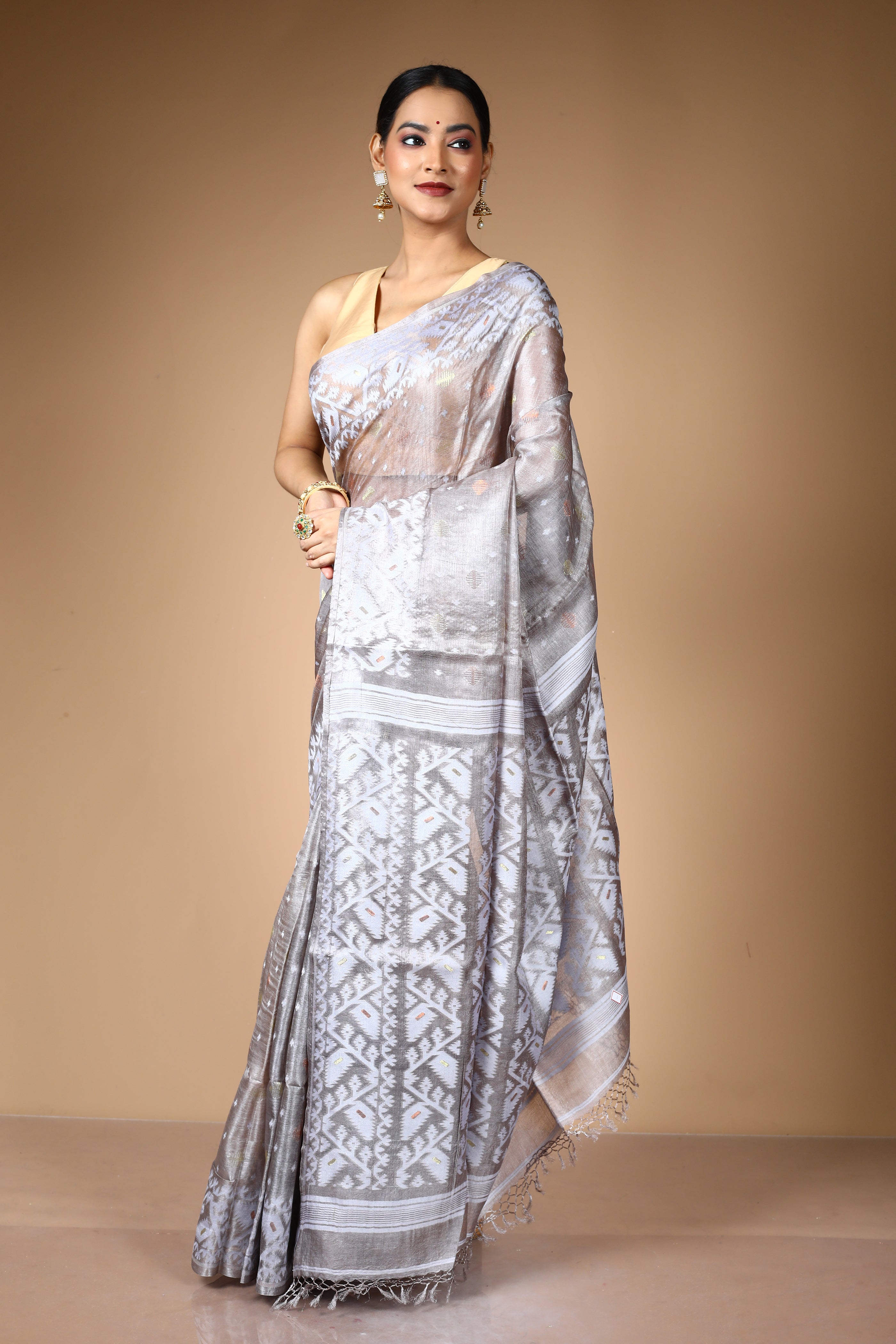 Grey Pure Kora Silk Saree