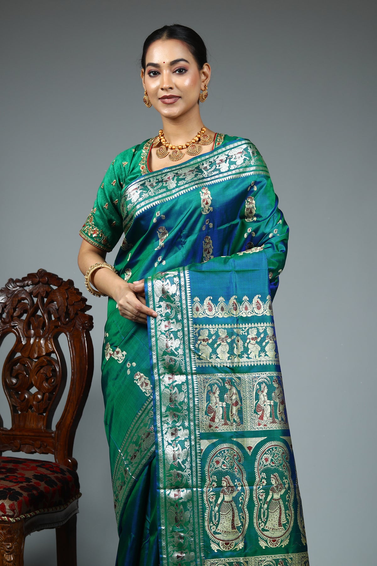 Green Dual Tone Pure Baluchari Saree
