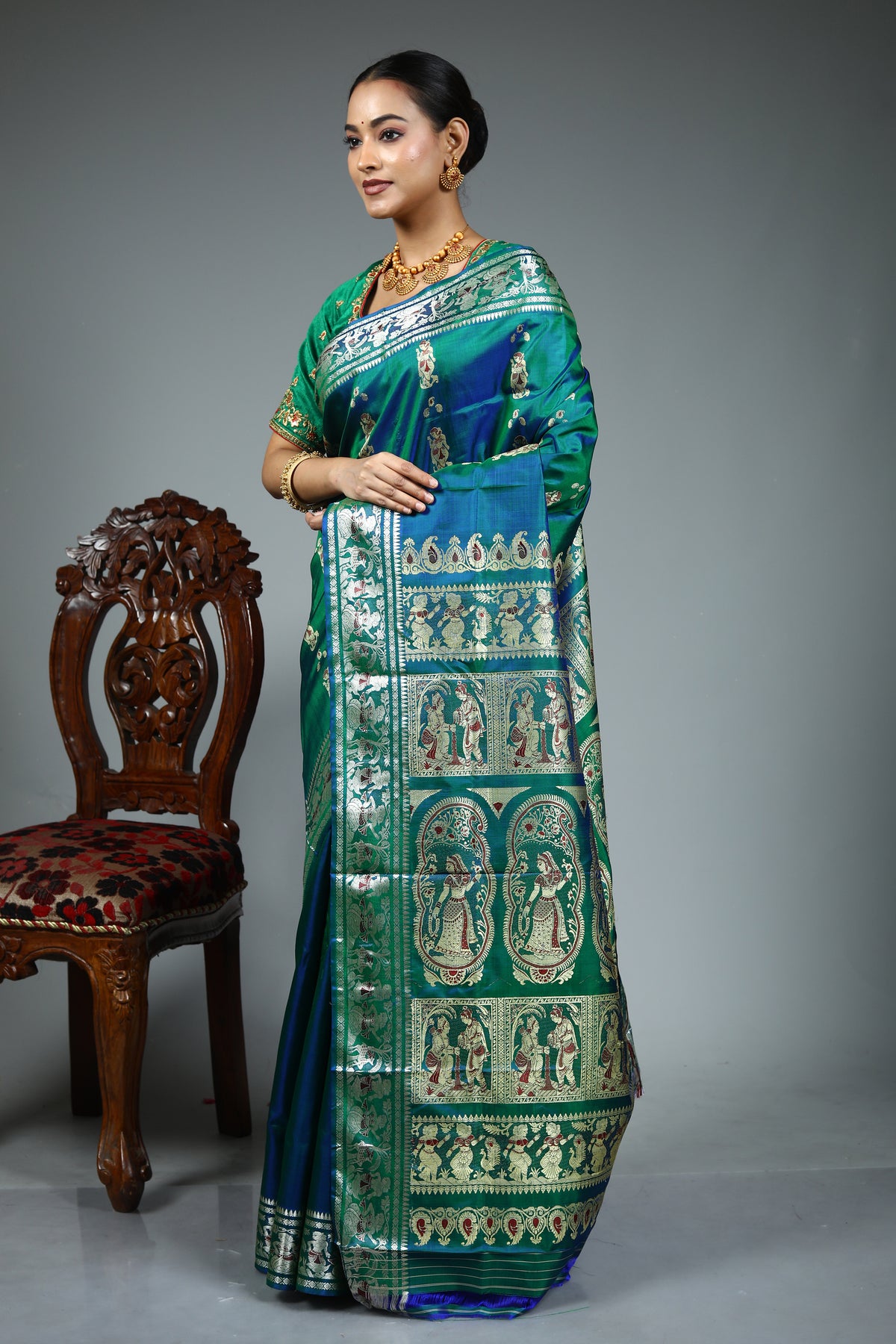 Green Dual Tone Pure Baluchari Saree