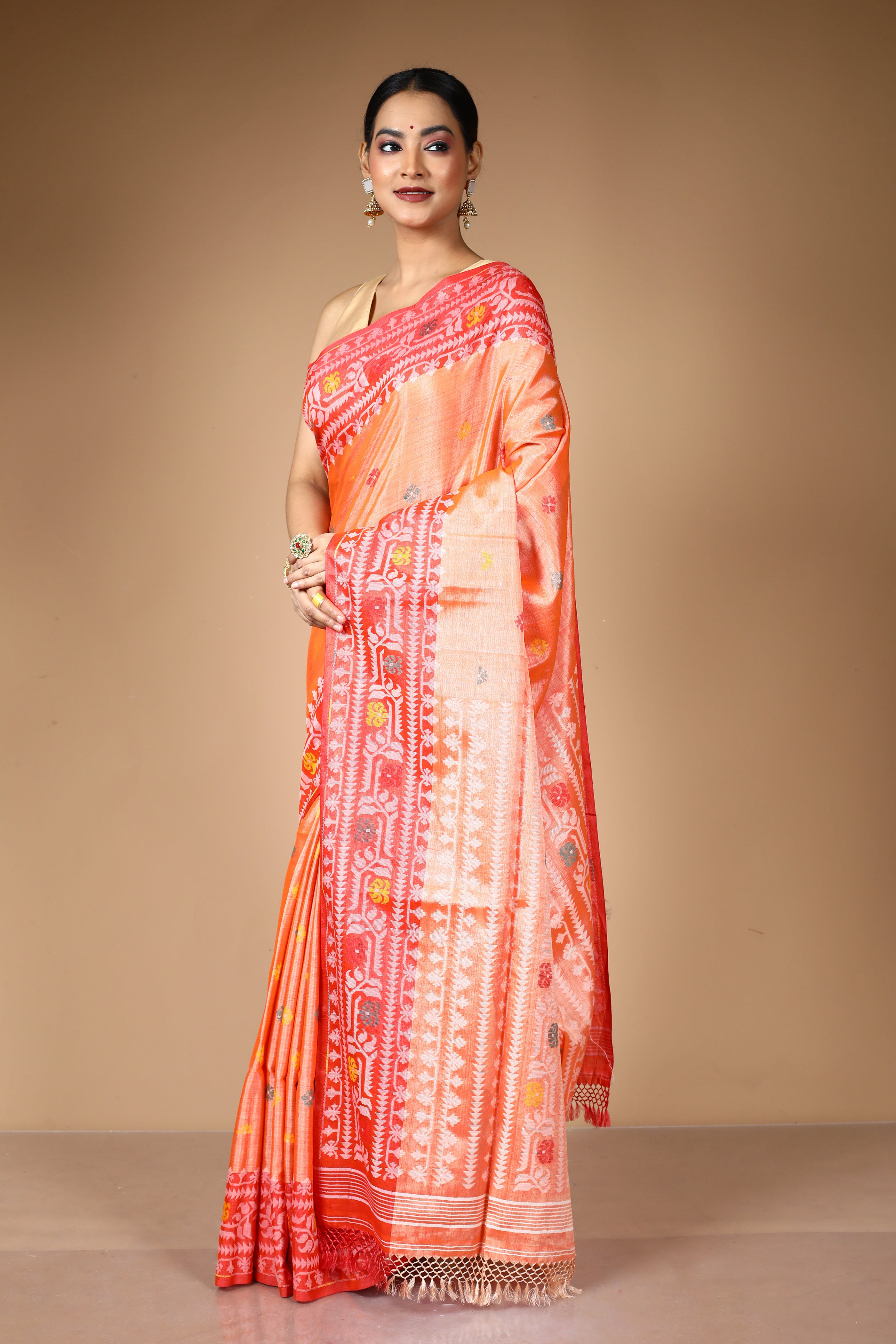 Peach Pure Tussar Silk Saree with Threadwork