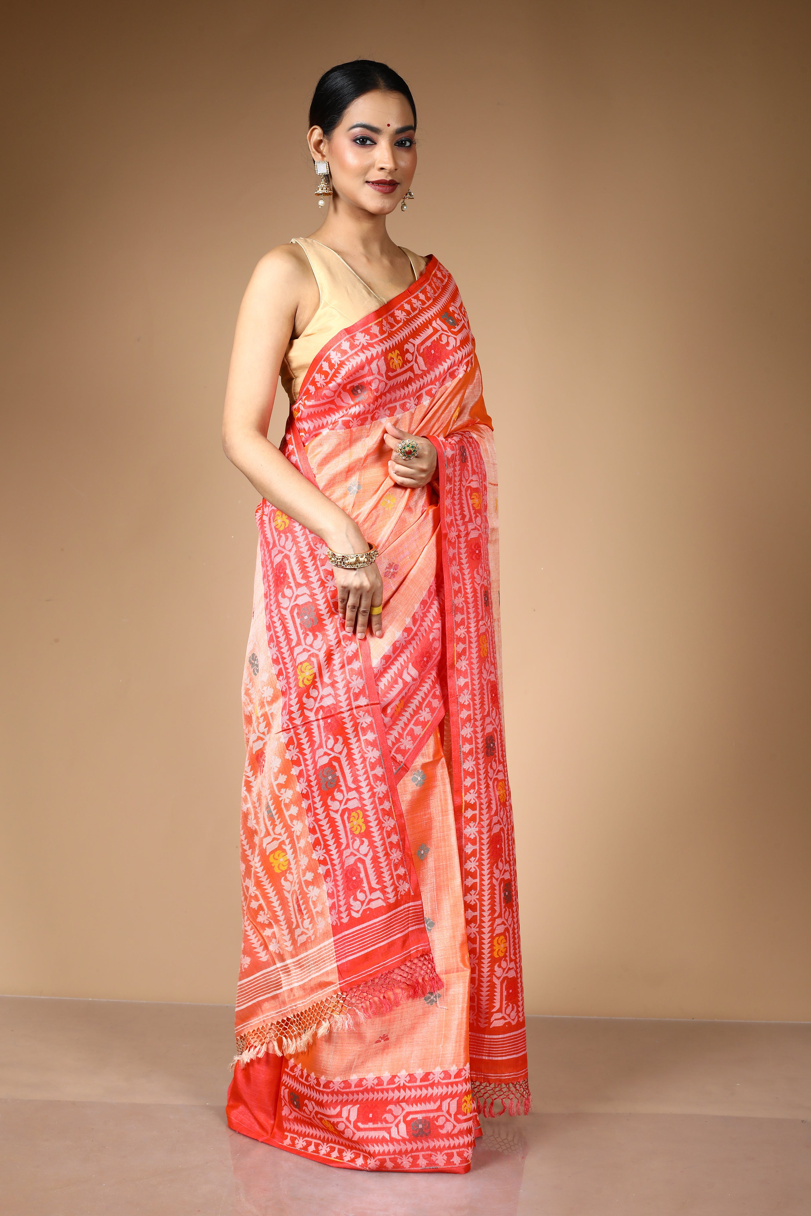 Peach Pure Tussar Silk Saree with Threadwork