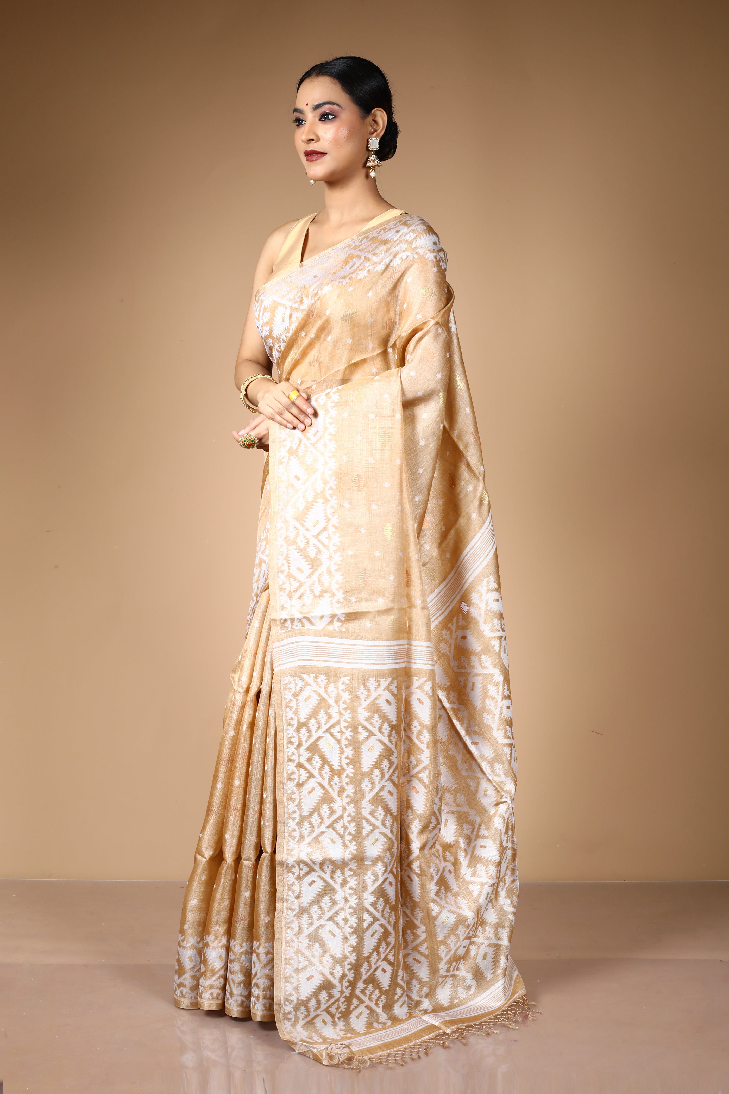 Beige Pure Kora Silk Saree