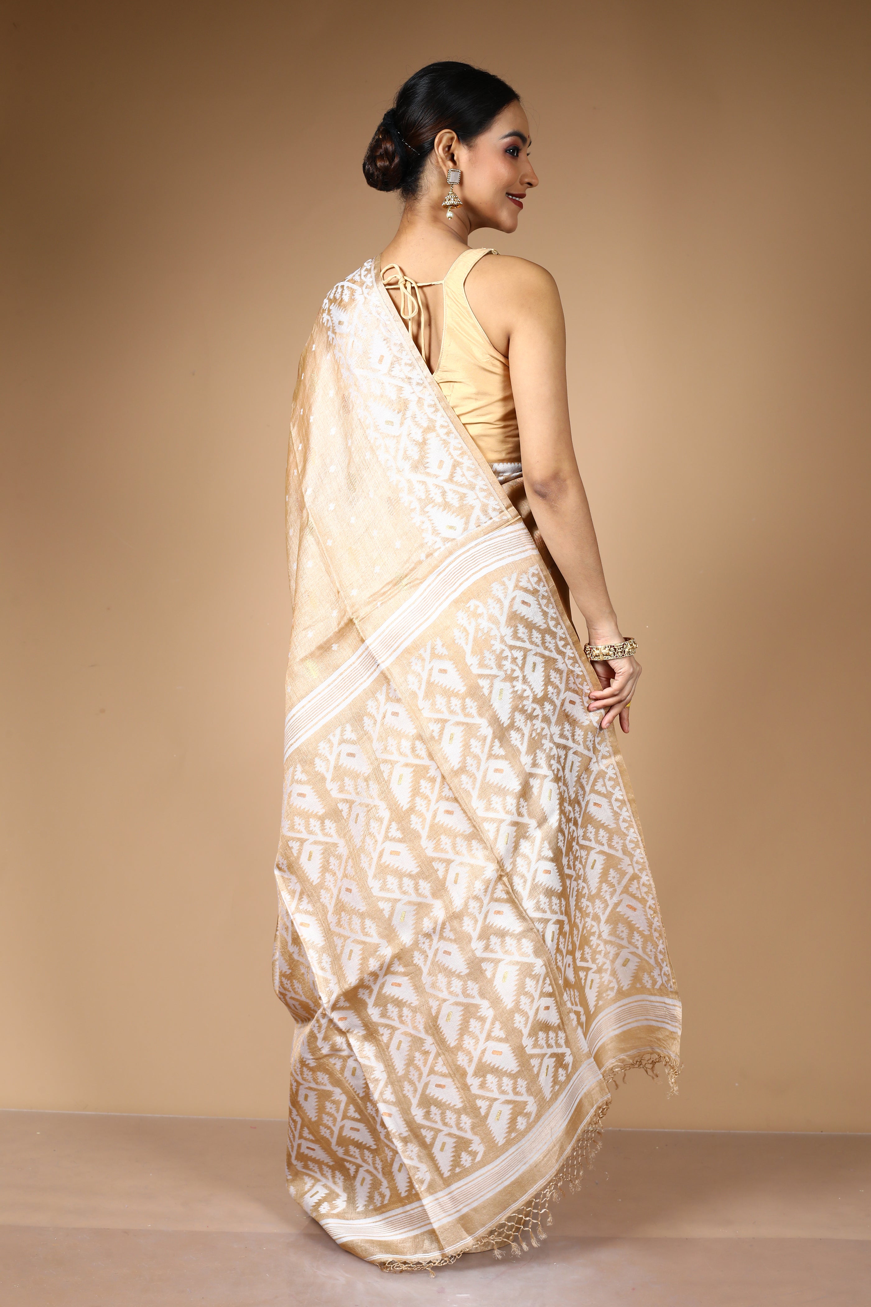 Beige Pure Kora Silk Saree