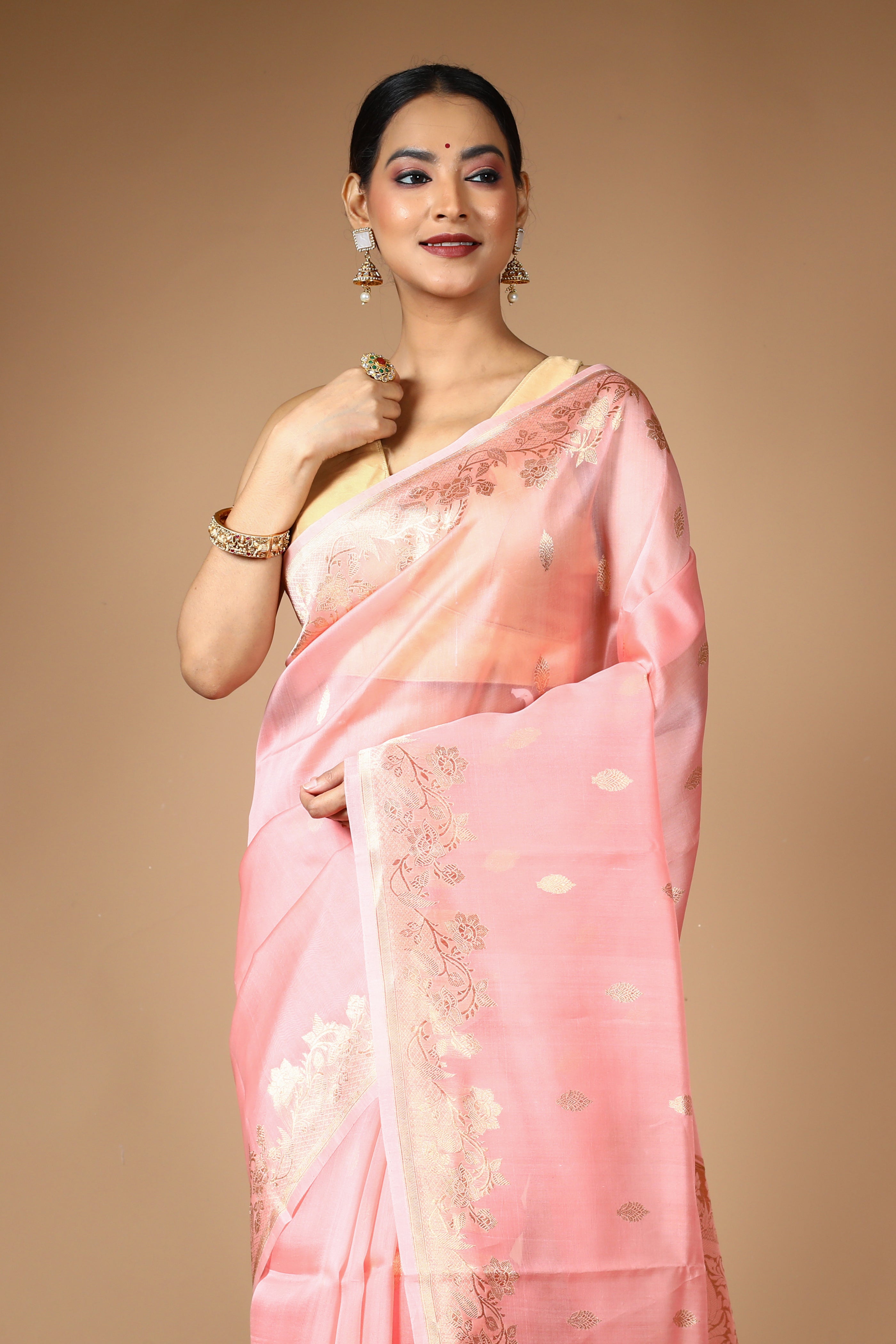 Peach Pure Kore Silk Saree