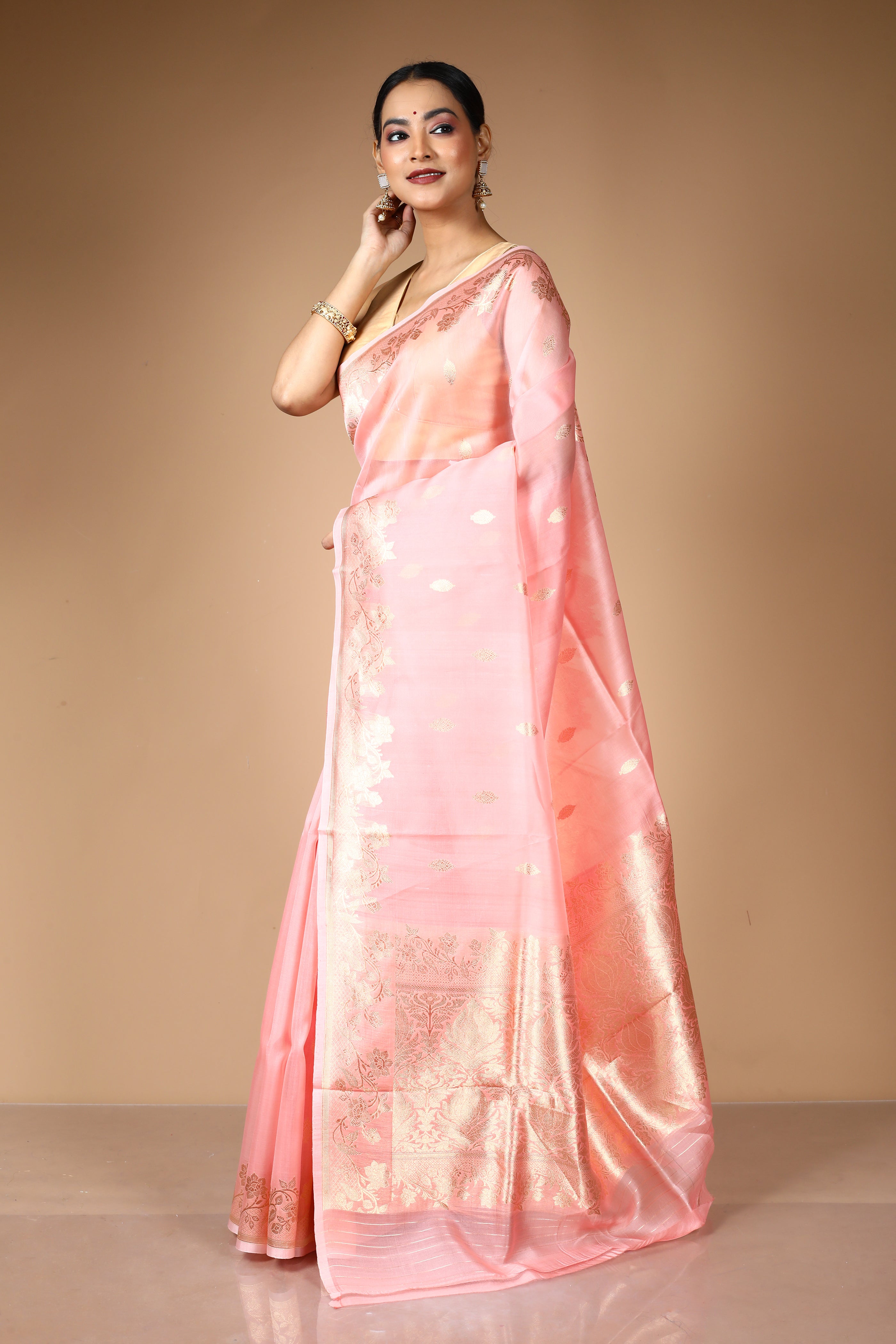 Peach Pure Kore Silk Saree