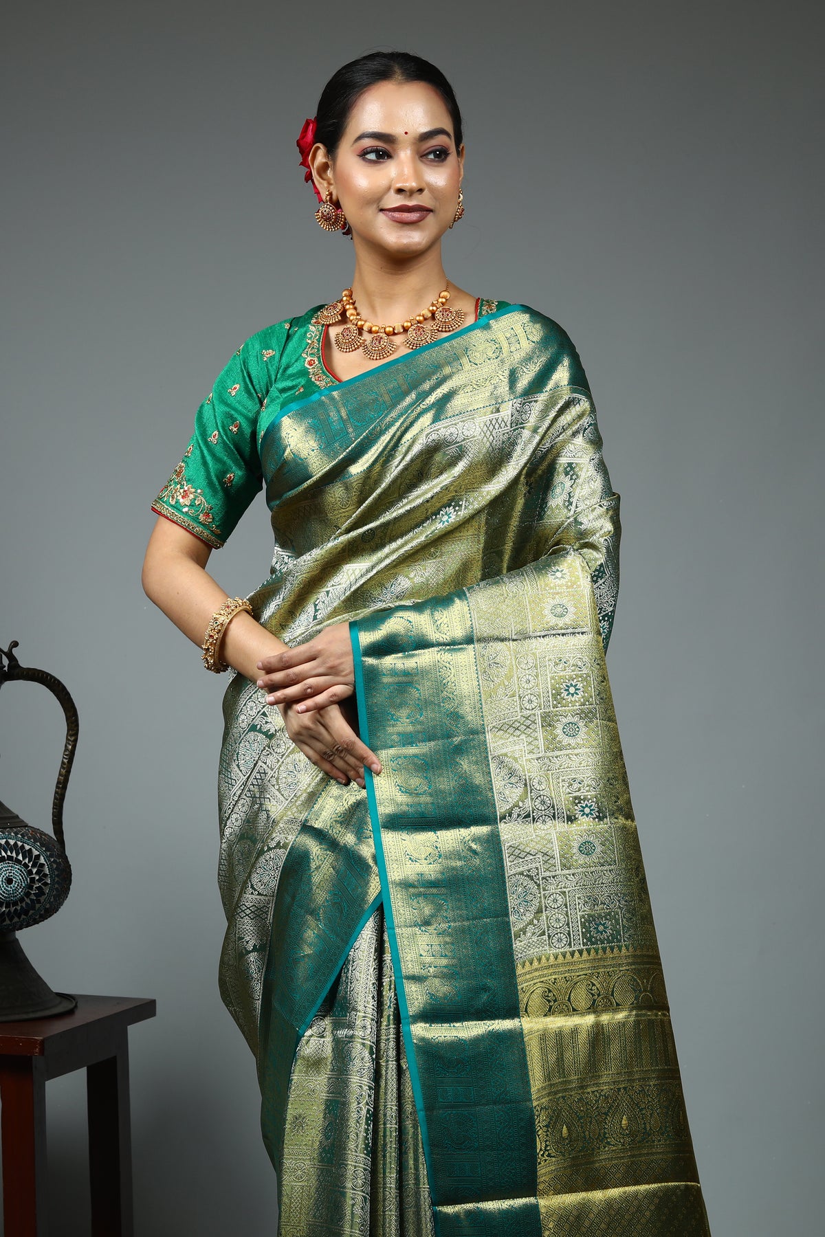 Olive Green Kanjivaram Silk Saree