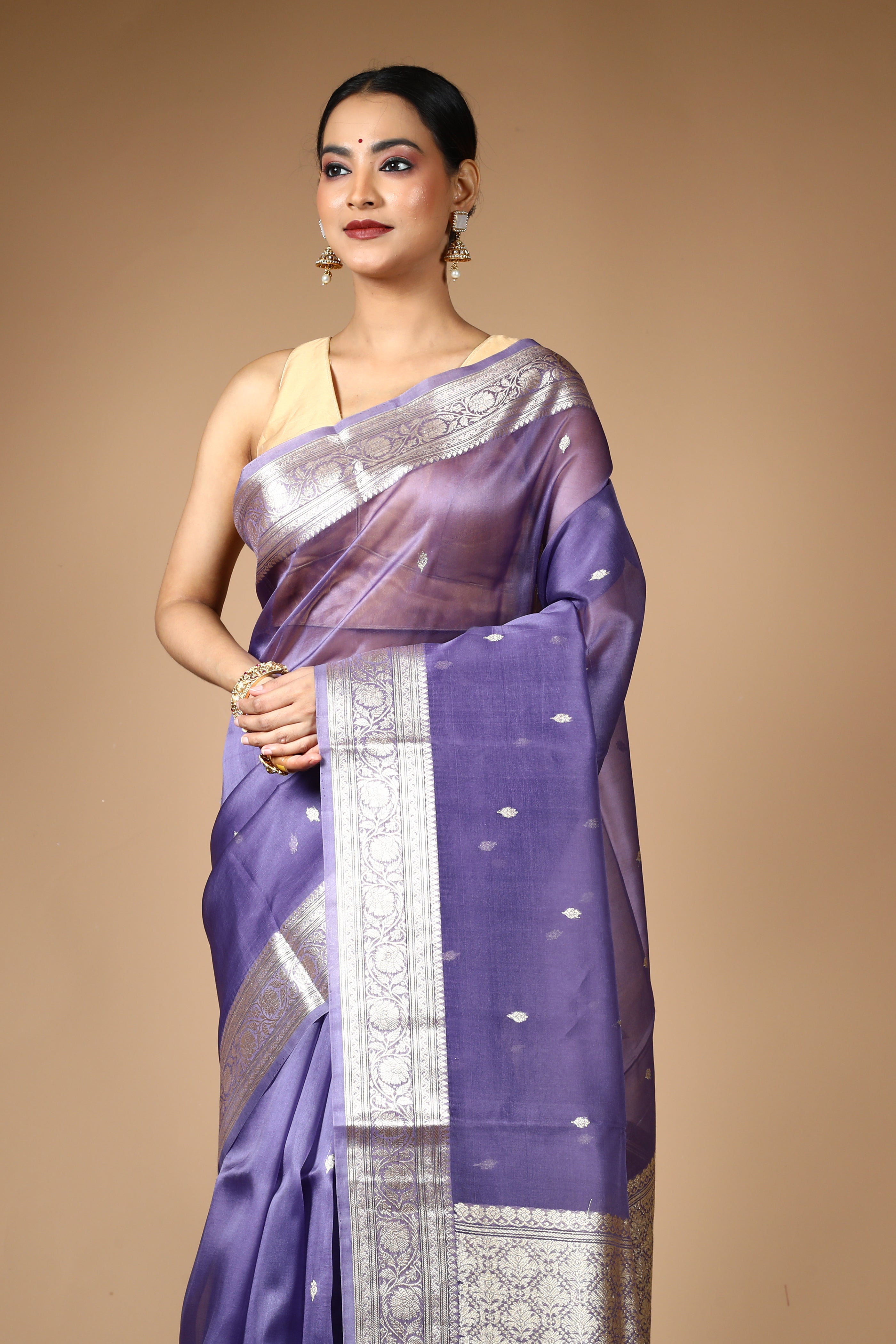 Purple Pure Kora Silk Saree