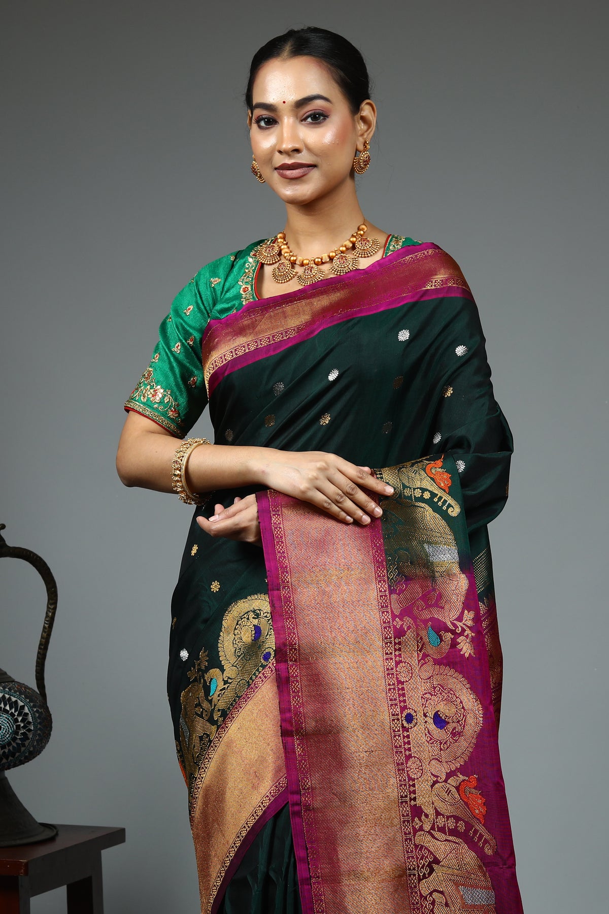 Deep Green Pure Gadwal Saree