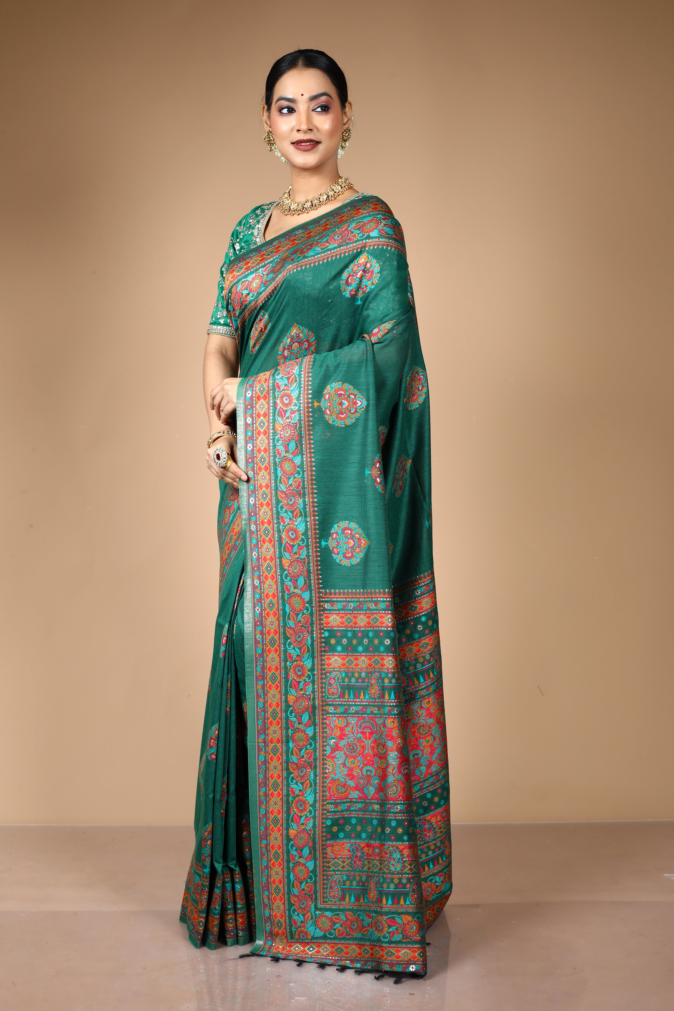Deep Green Pure Silk With Threadwork
