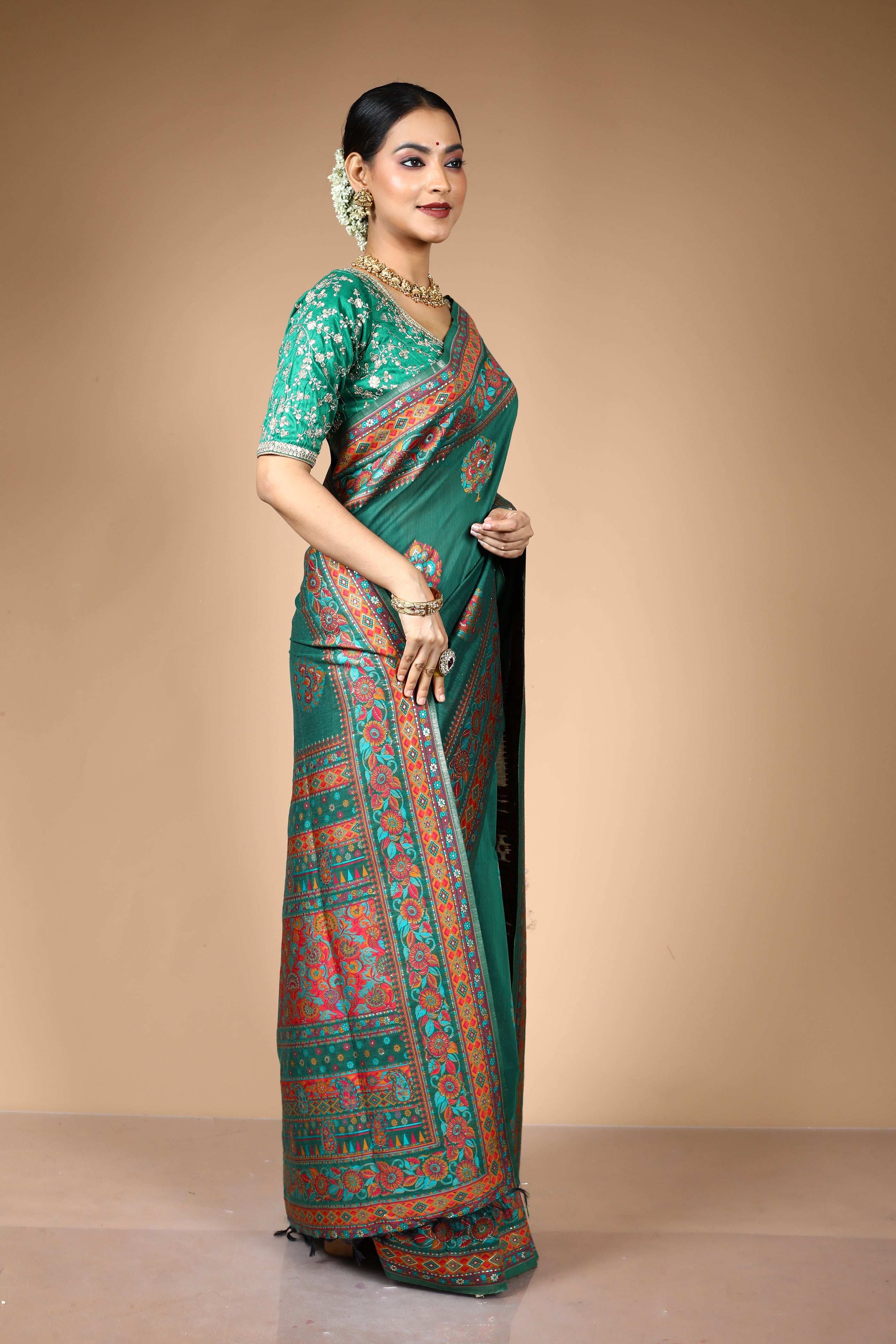 Deep Green Pure Silk With Threadwork