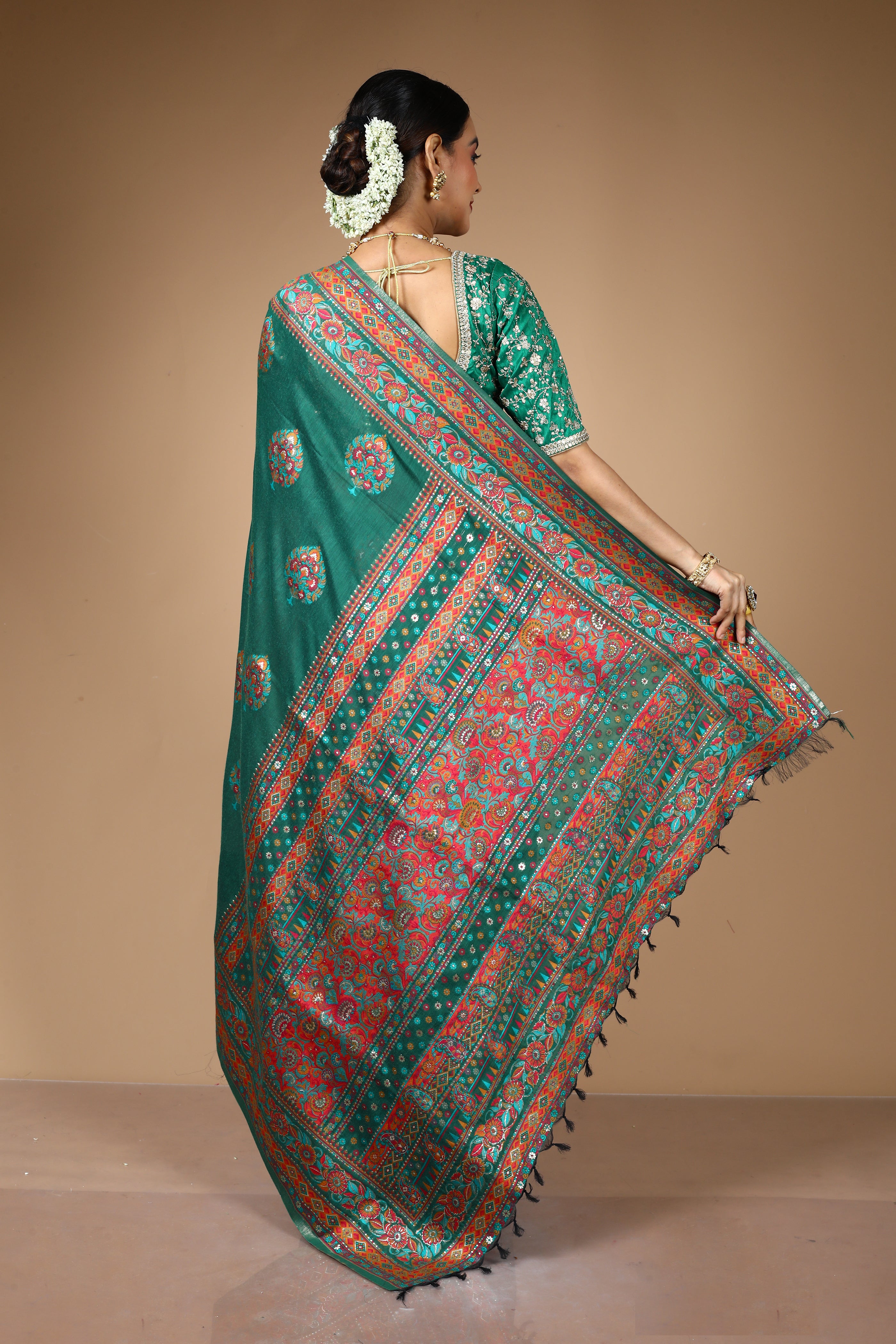 Deep Green Pure Silk With Threadwork