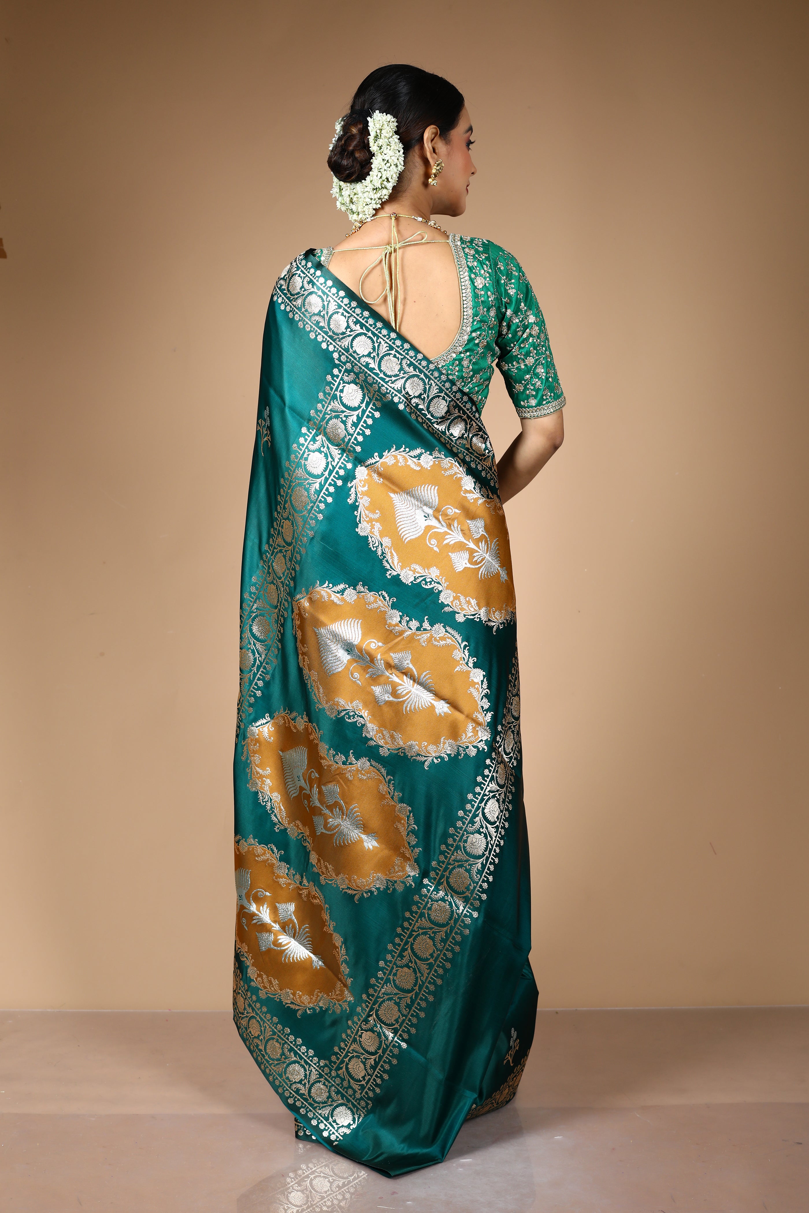 Dark Green Blended Satin Banarasi Saree