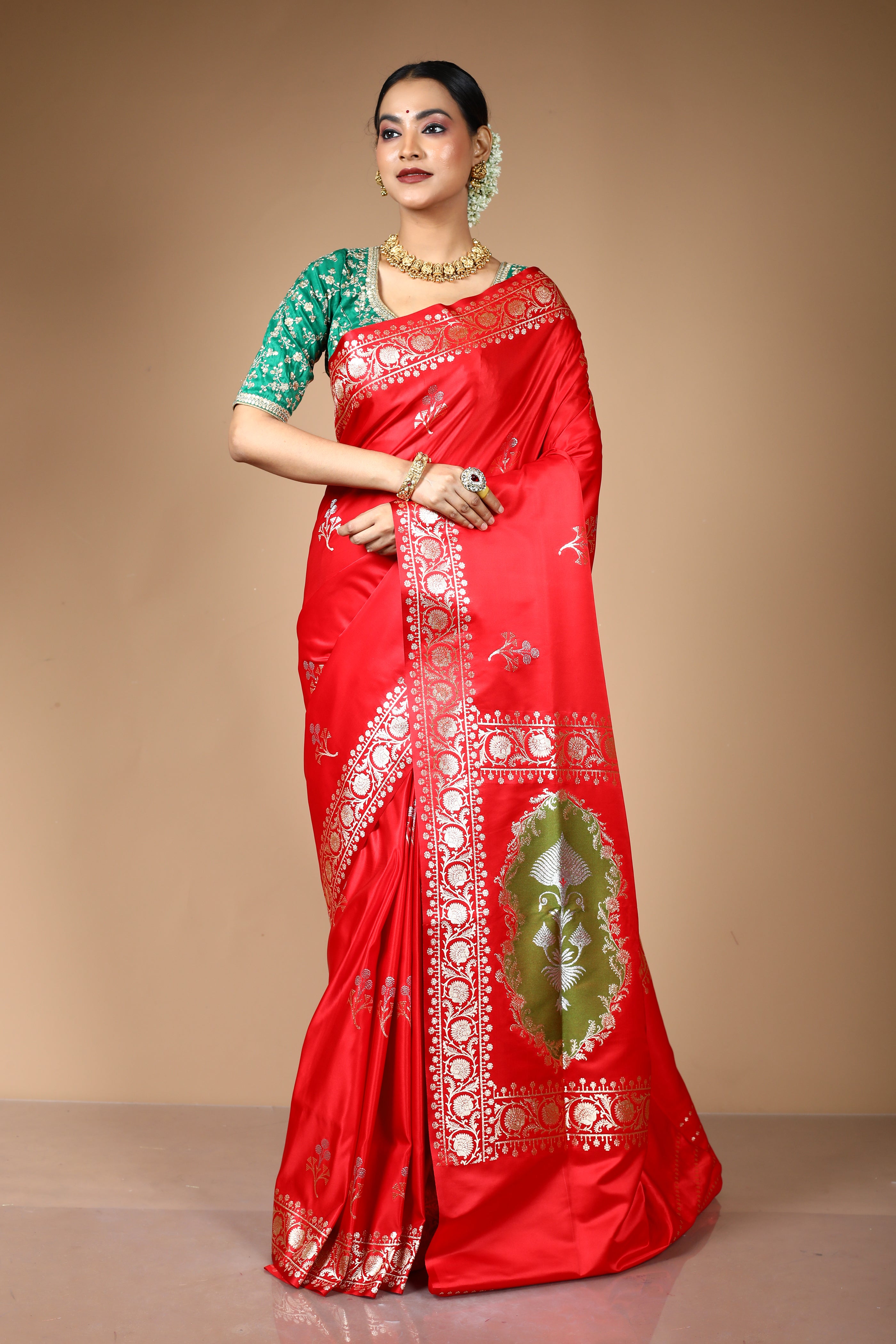 Red Blended Satin Banarasi Saree