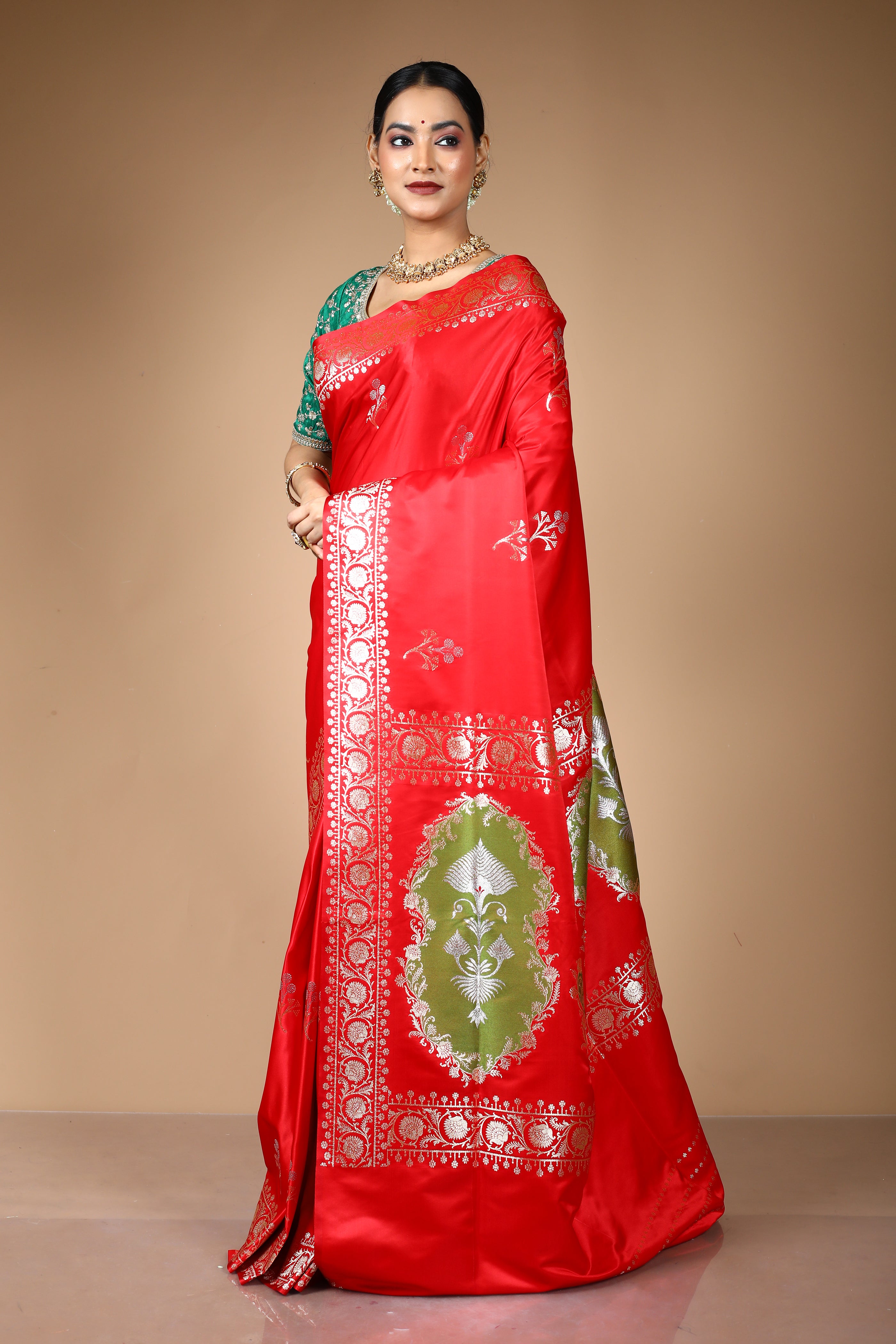 Red Blended Satin Banarasi Saree