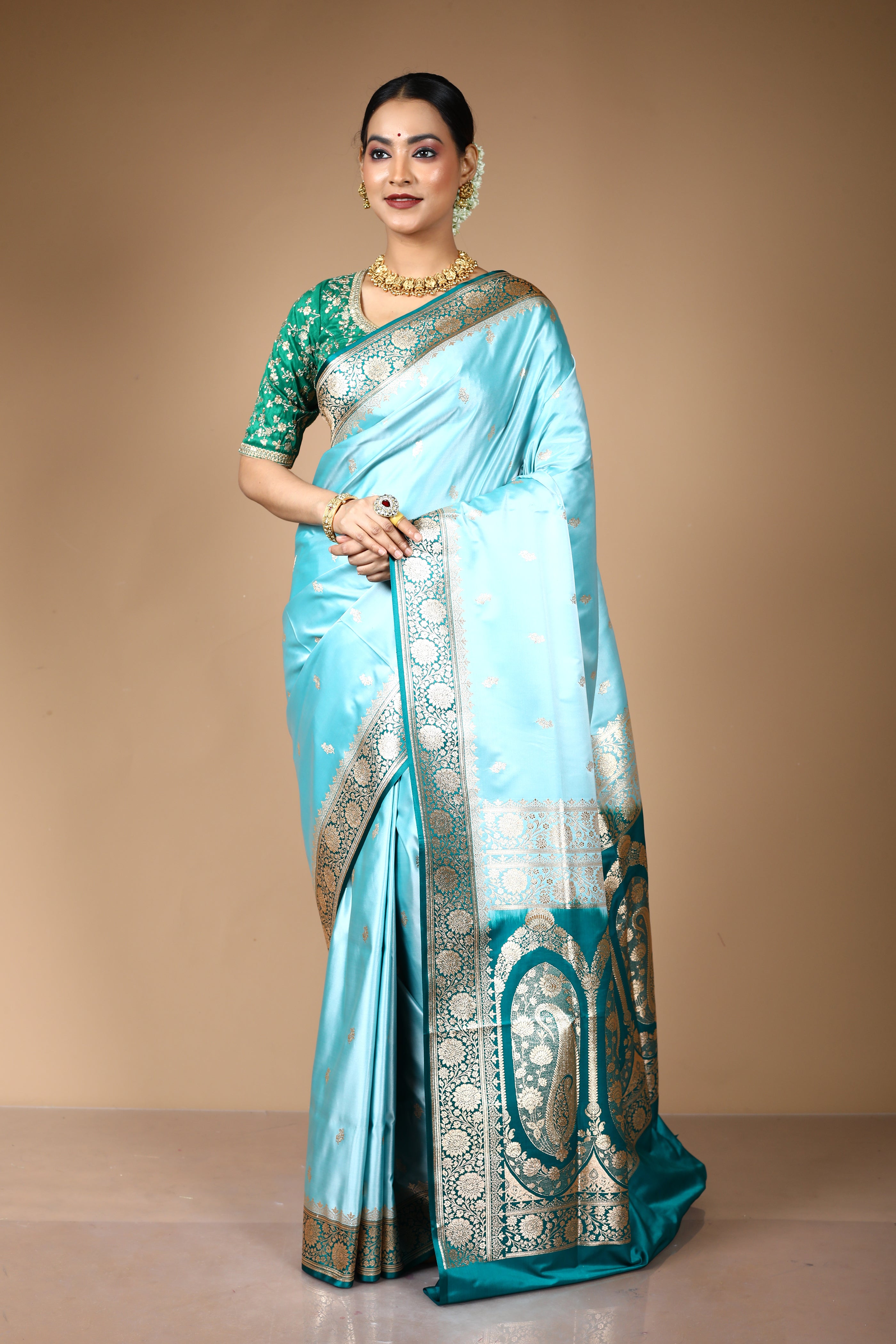 Mint Green Blended Satin Banarasi Saree