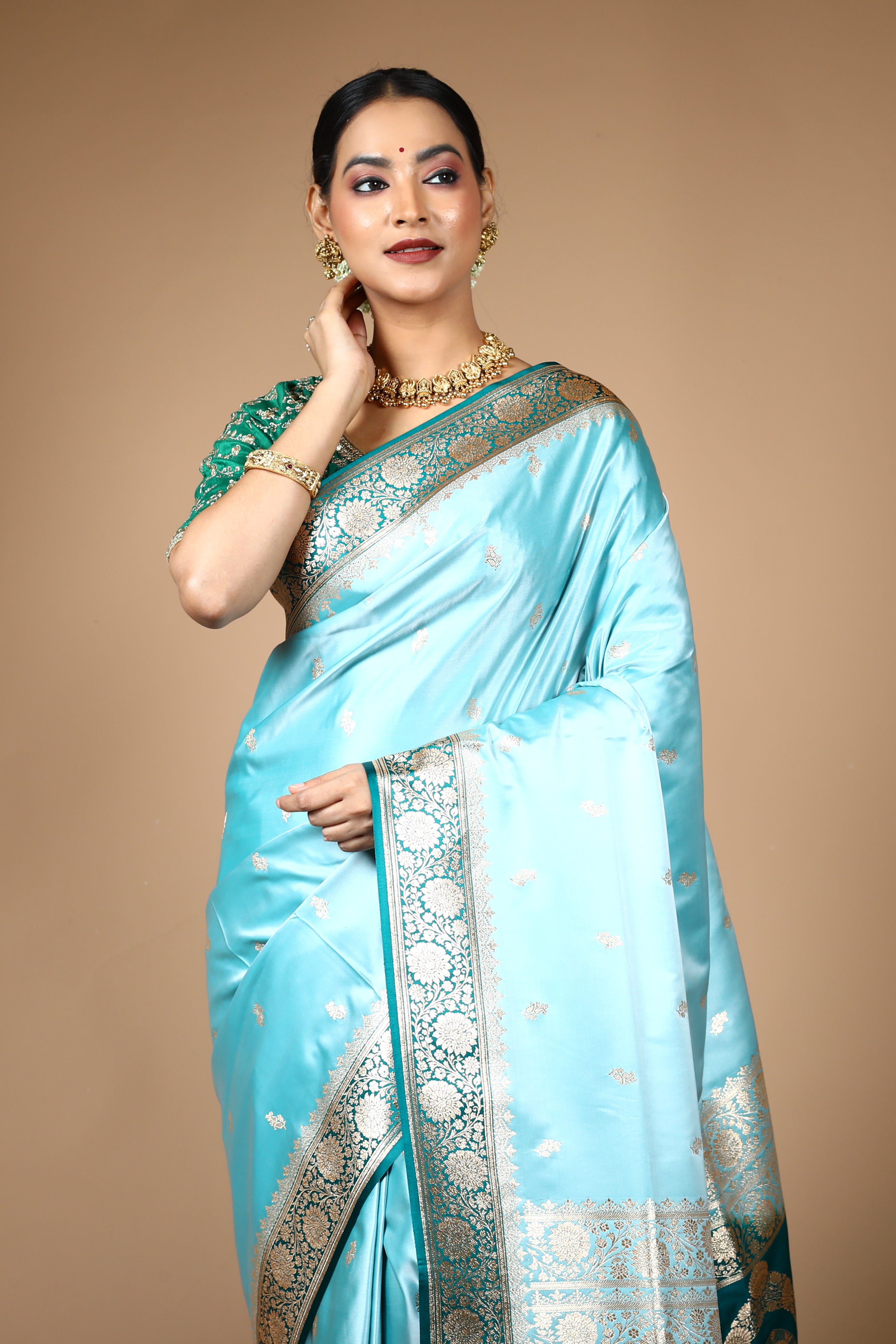 Mint Green Blended Satin Banarasi Saree