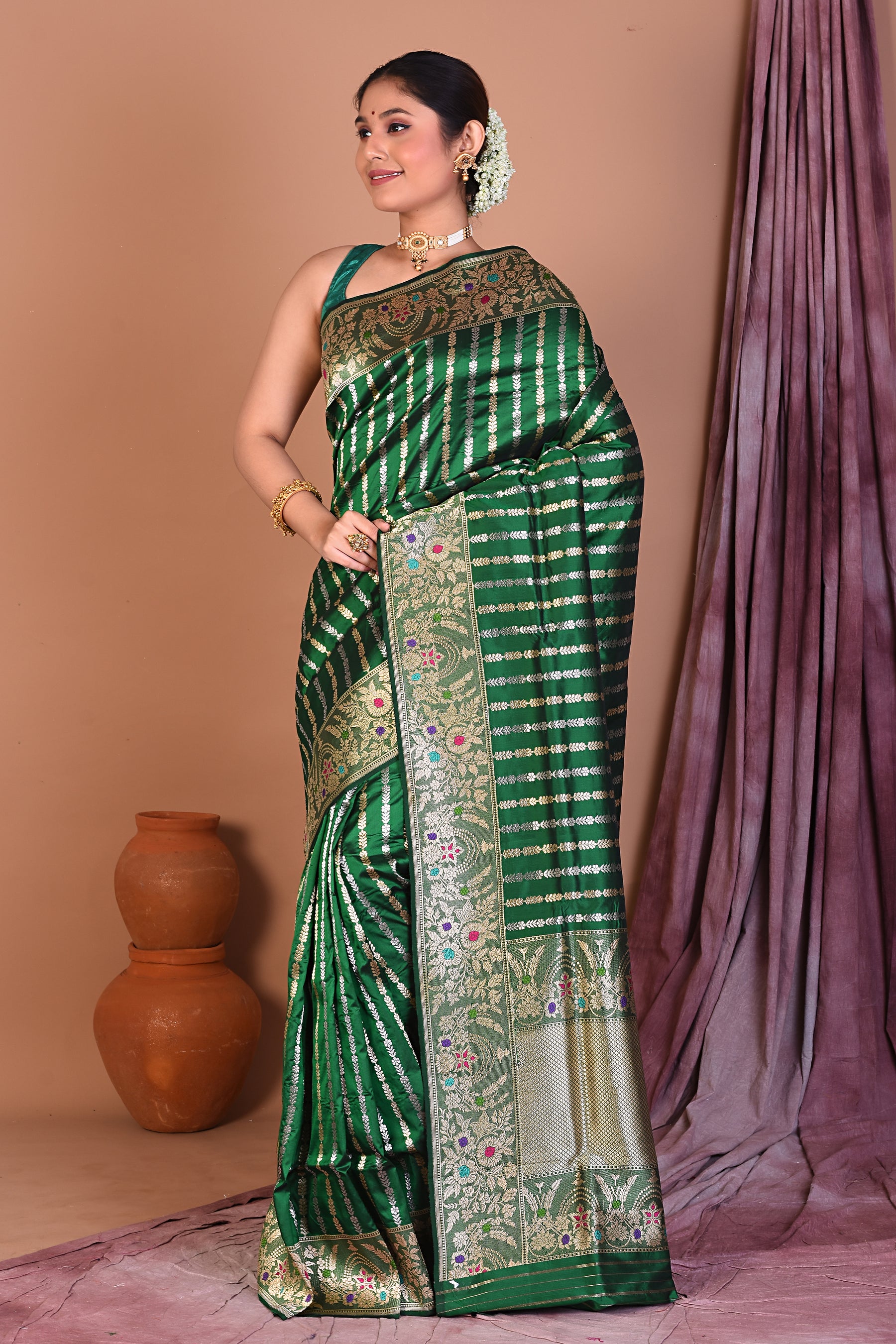 Green Pure Katan Saree with Golden Zari - Keya Seth Exclusive