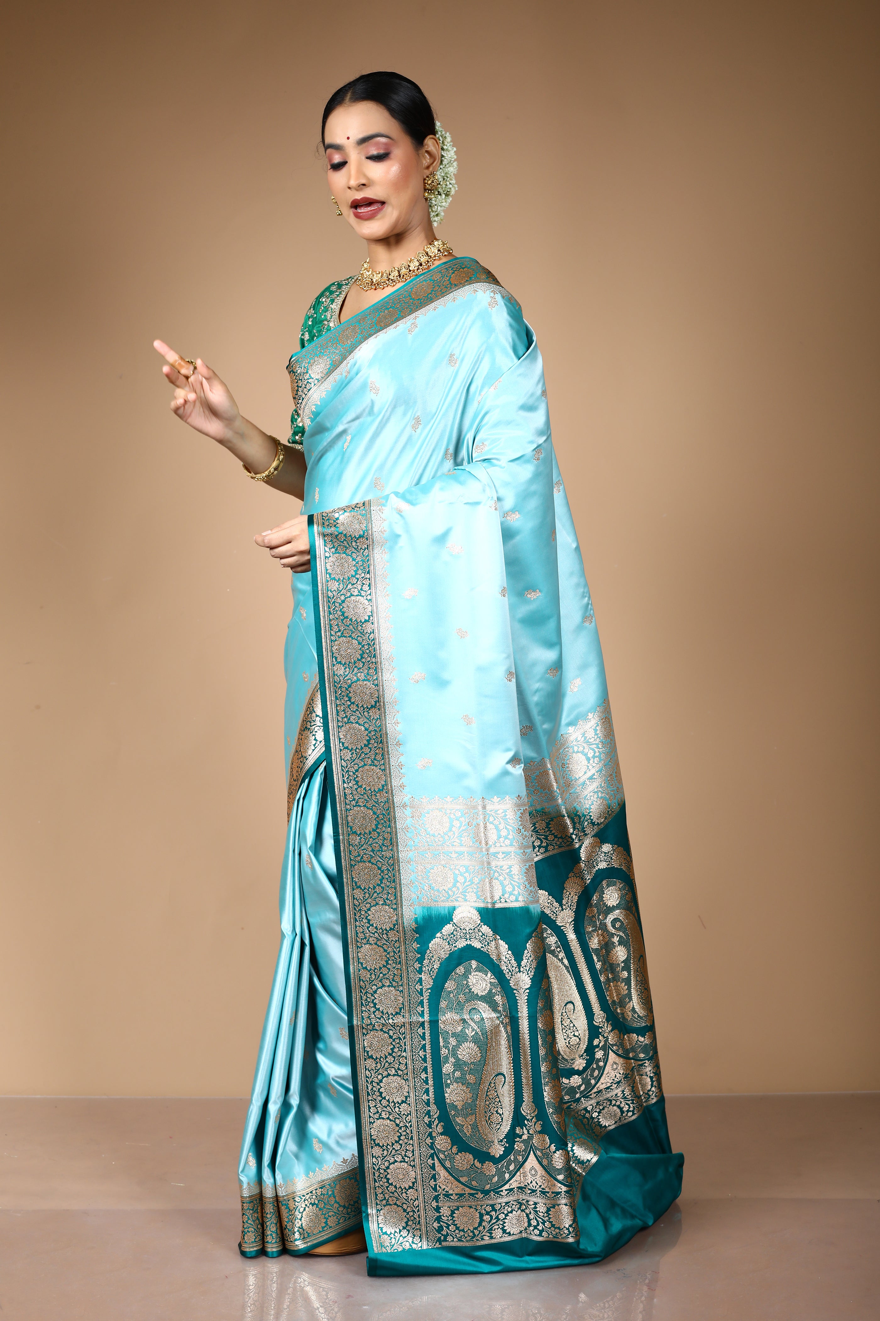 Mint Green Blended Satin Banarasi Saree