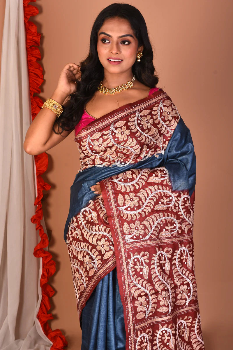 Grey & Maroon Katha Stitch Pure Silk Saree - Keya Seth Exclusive