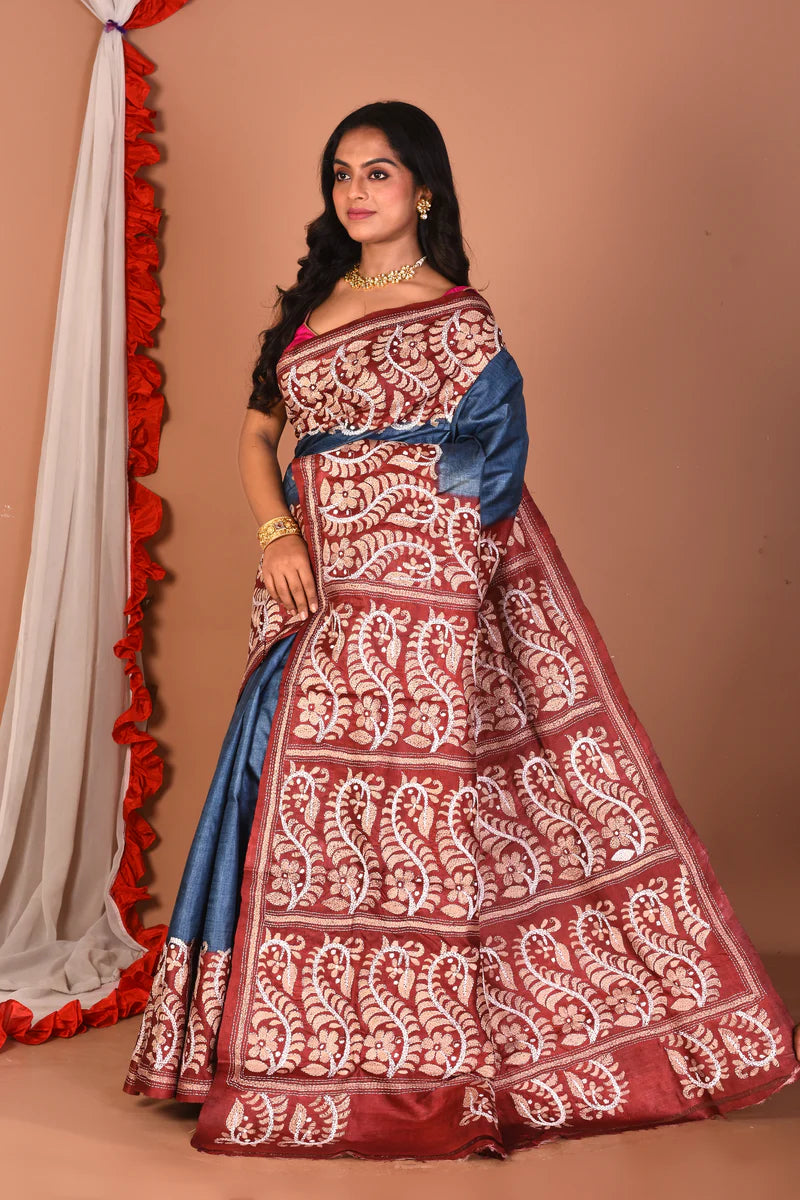 Grey & Maroon Katha Stitch Pure Silk Saree - Keya Seth Exclusive