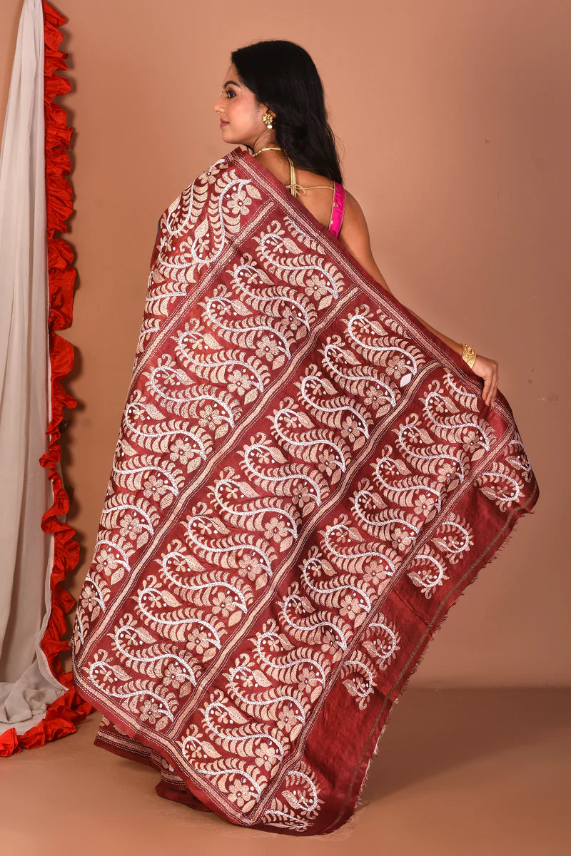 Grey & Maroon Katha Stitch Pure Silk Saree - Keya Seth Exclusive