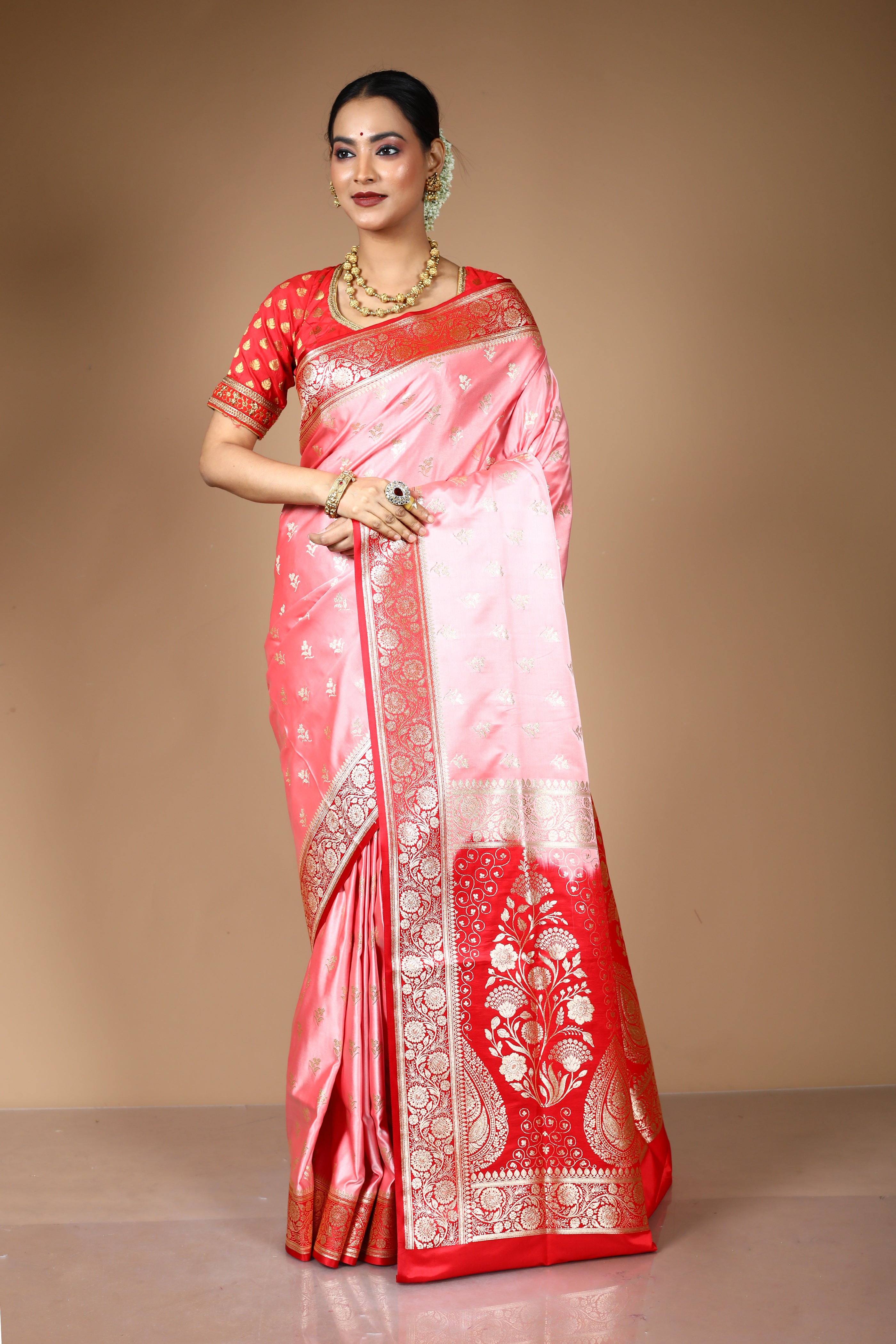Peach Blended Satin Banarasi Saree