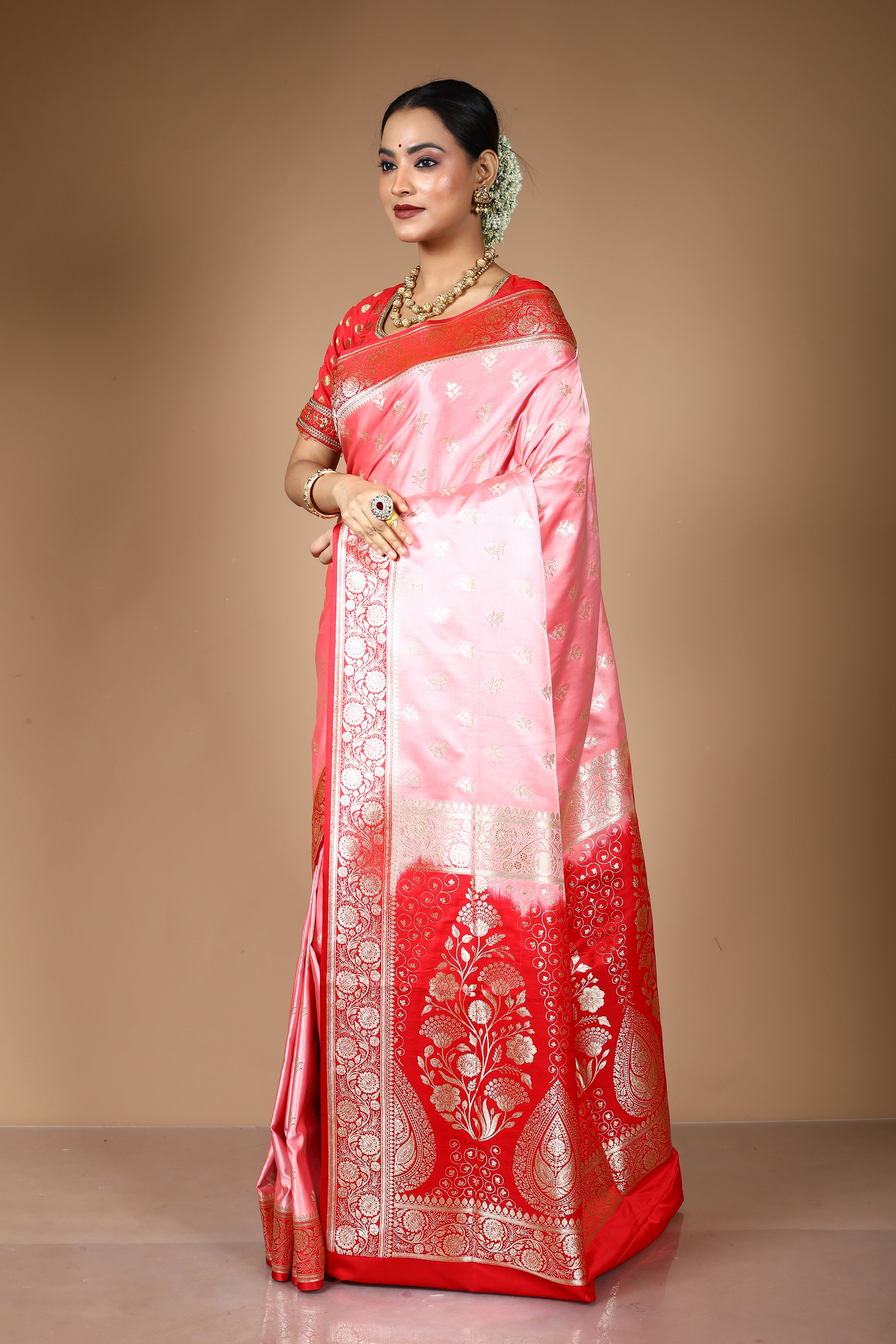 Peach Blended Satin Banarasi Saree