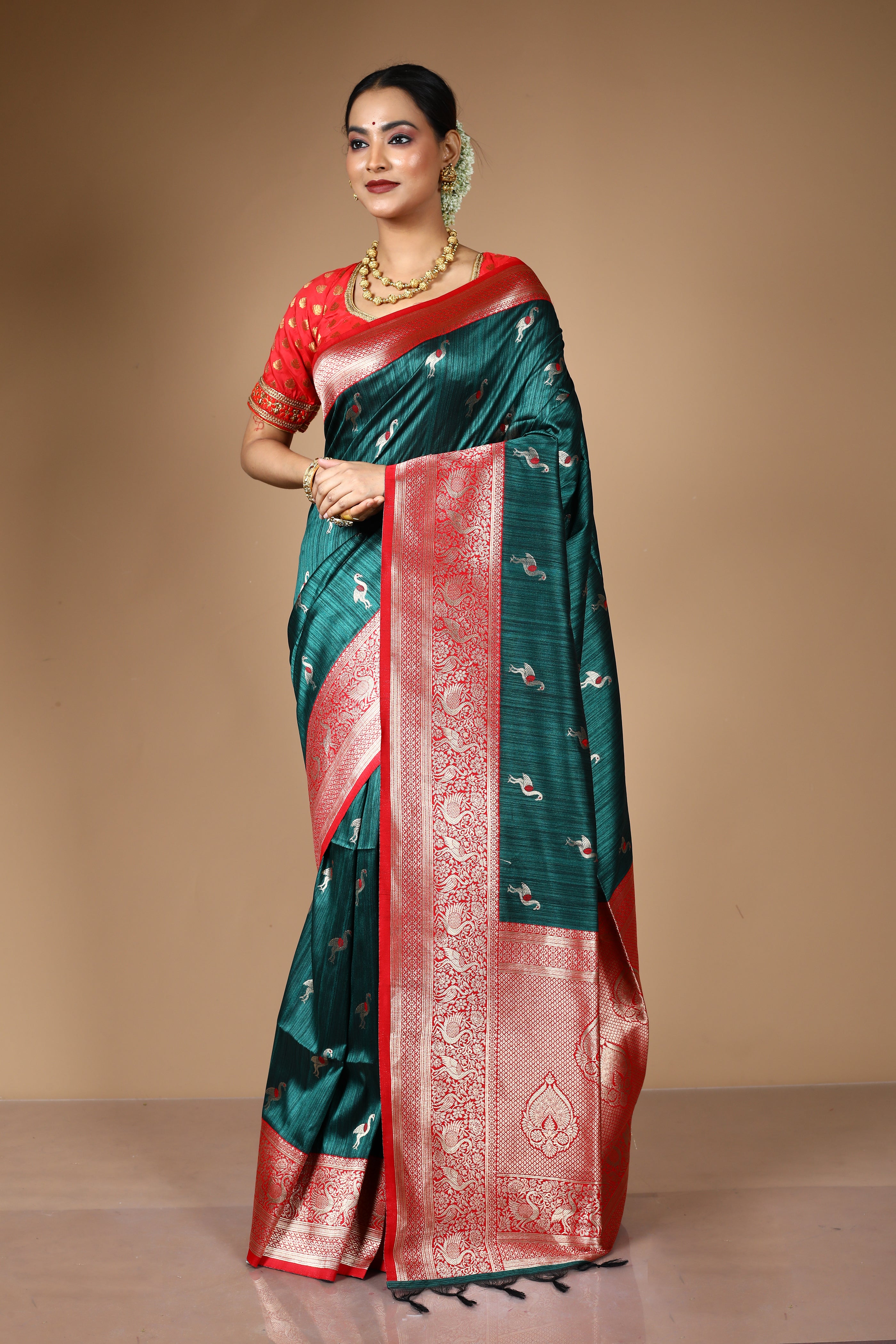 Deep Green Blended Tussar Silk Saree