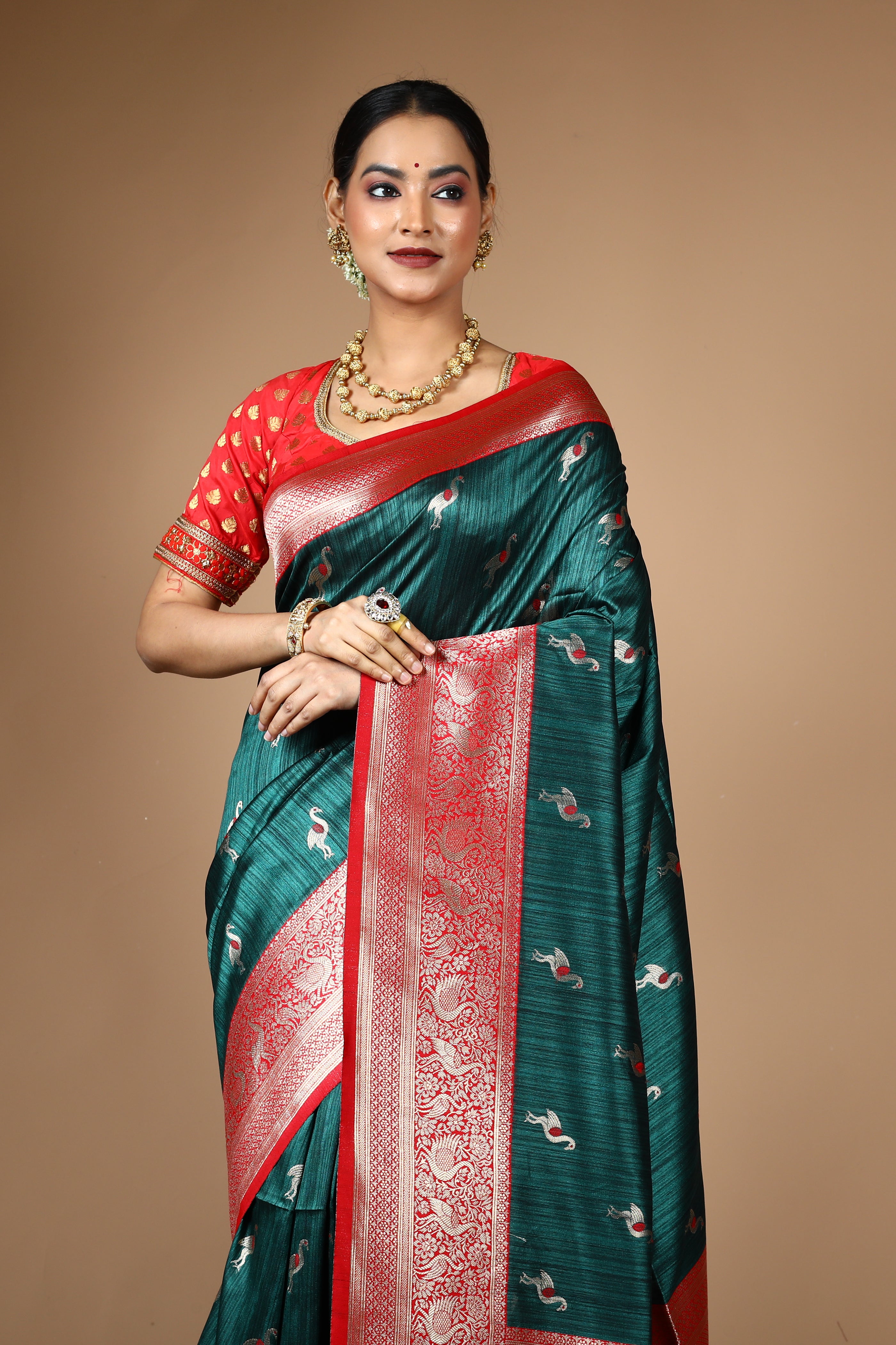 Deep Green Blended Tussar Silk Saree