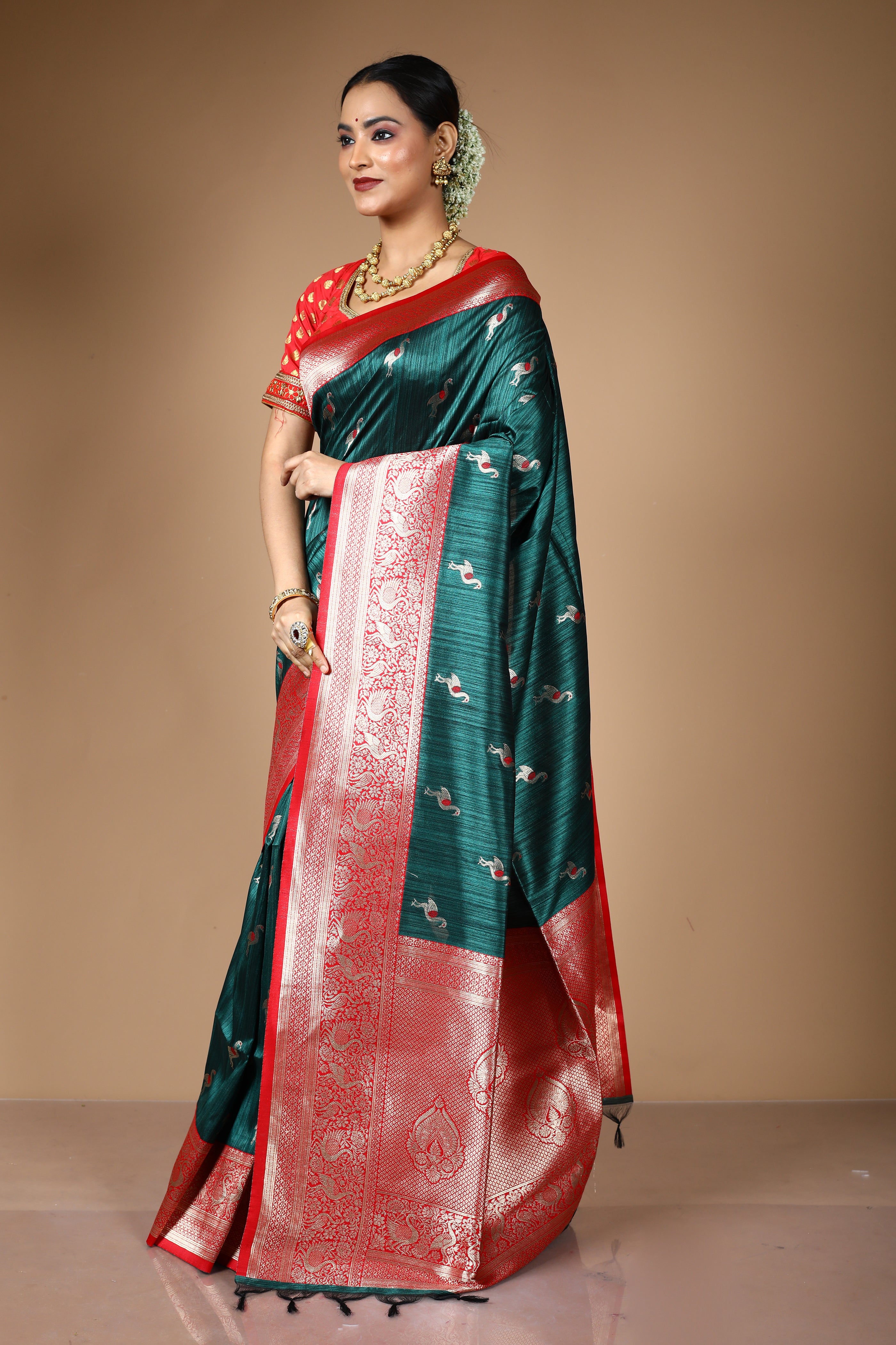 Deep Green Blended Tussar Silk Saree