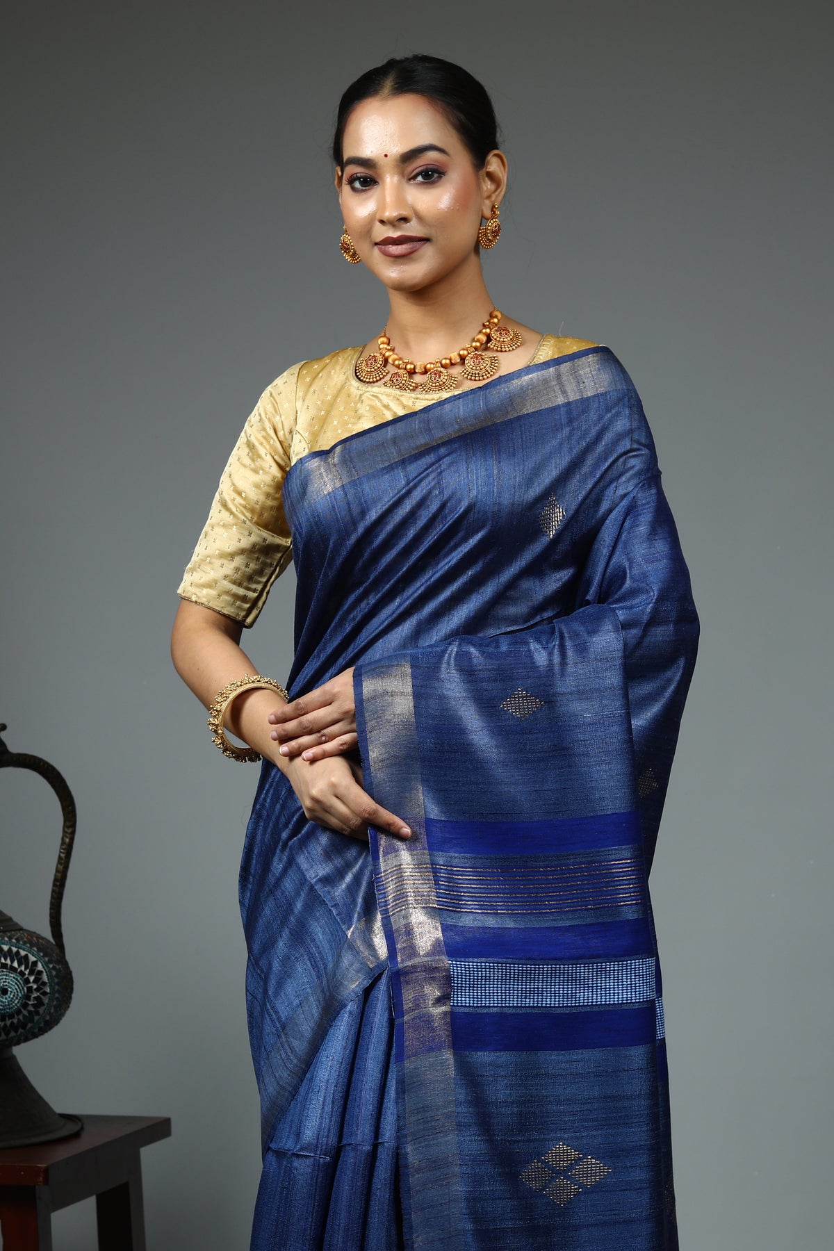 Navy Blue Tussar Saree