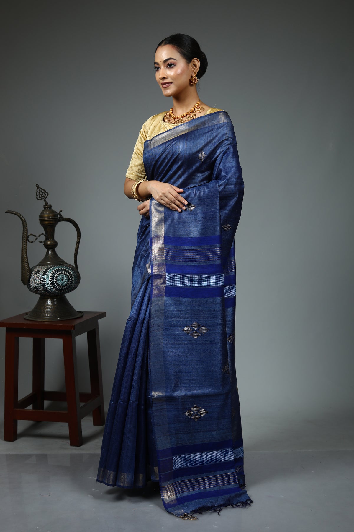 Navy Blue Tussar Saree