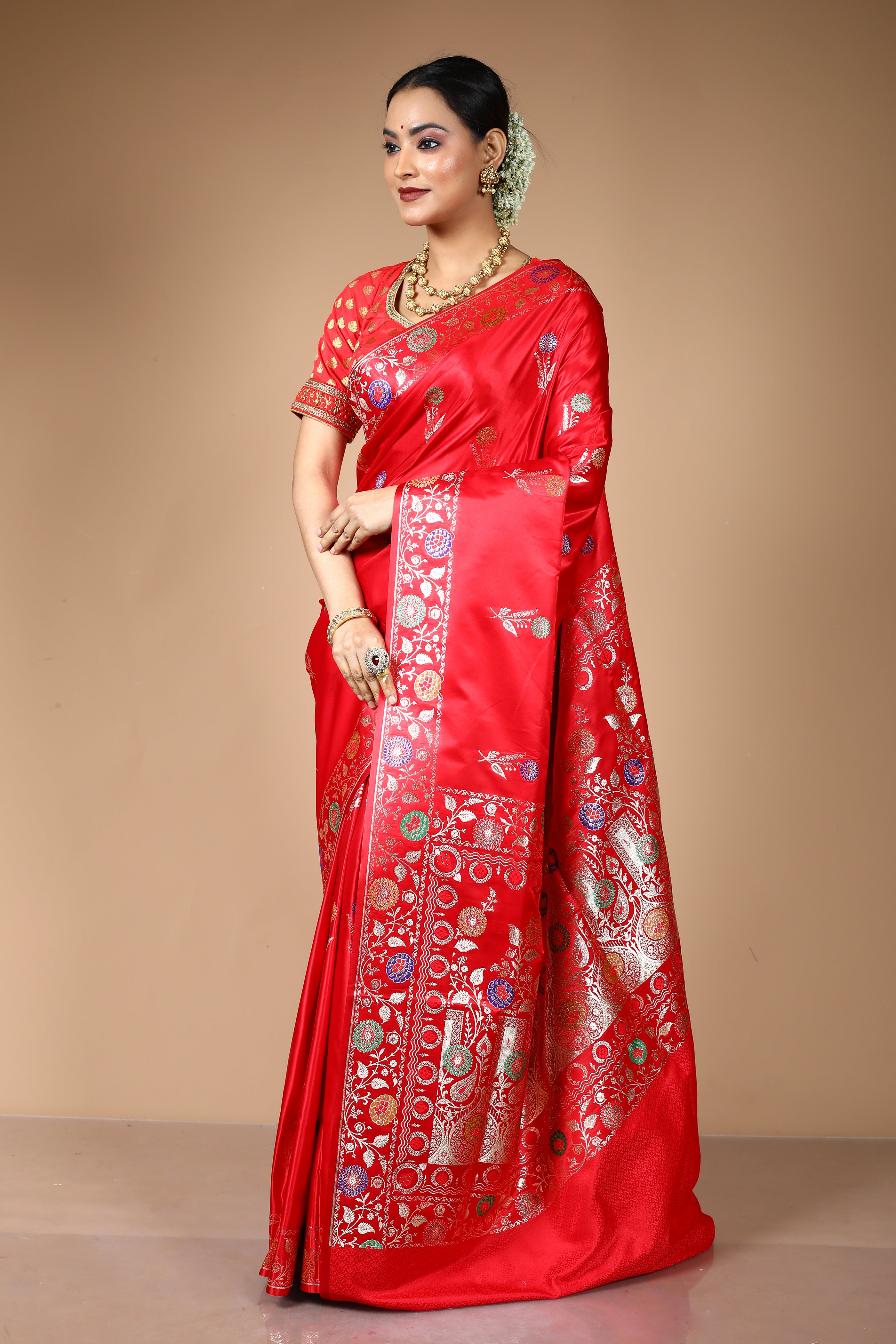 Red Blended Satin Banarasi Saree