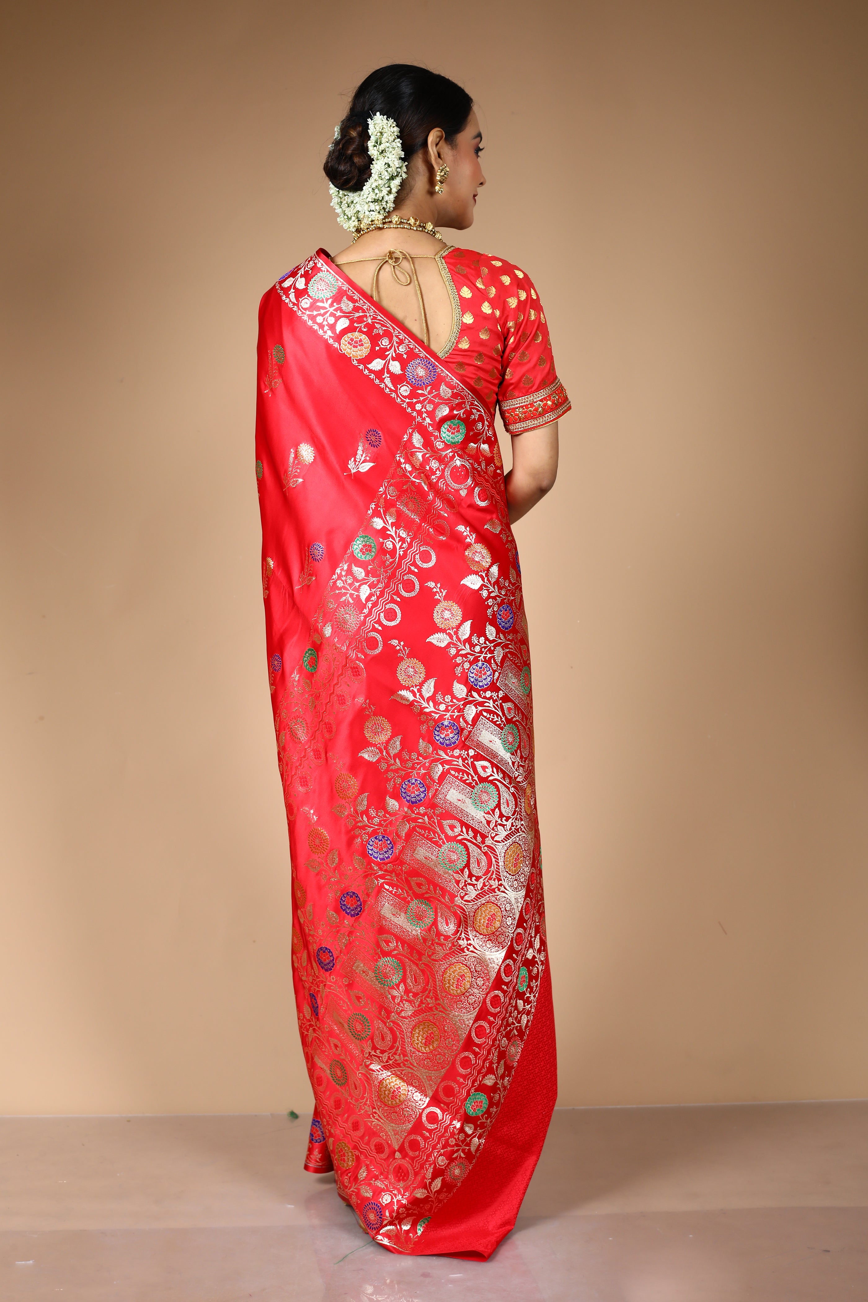 Red Blended Satin Banarasi Saree