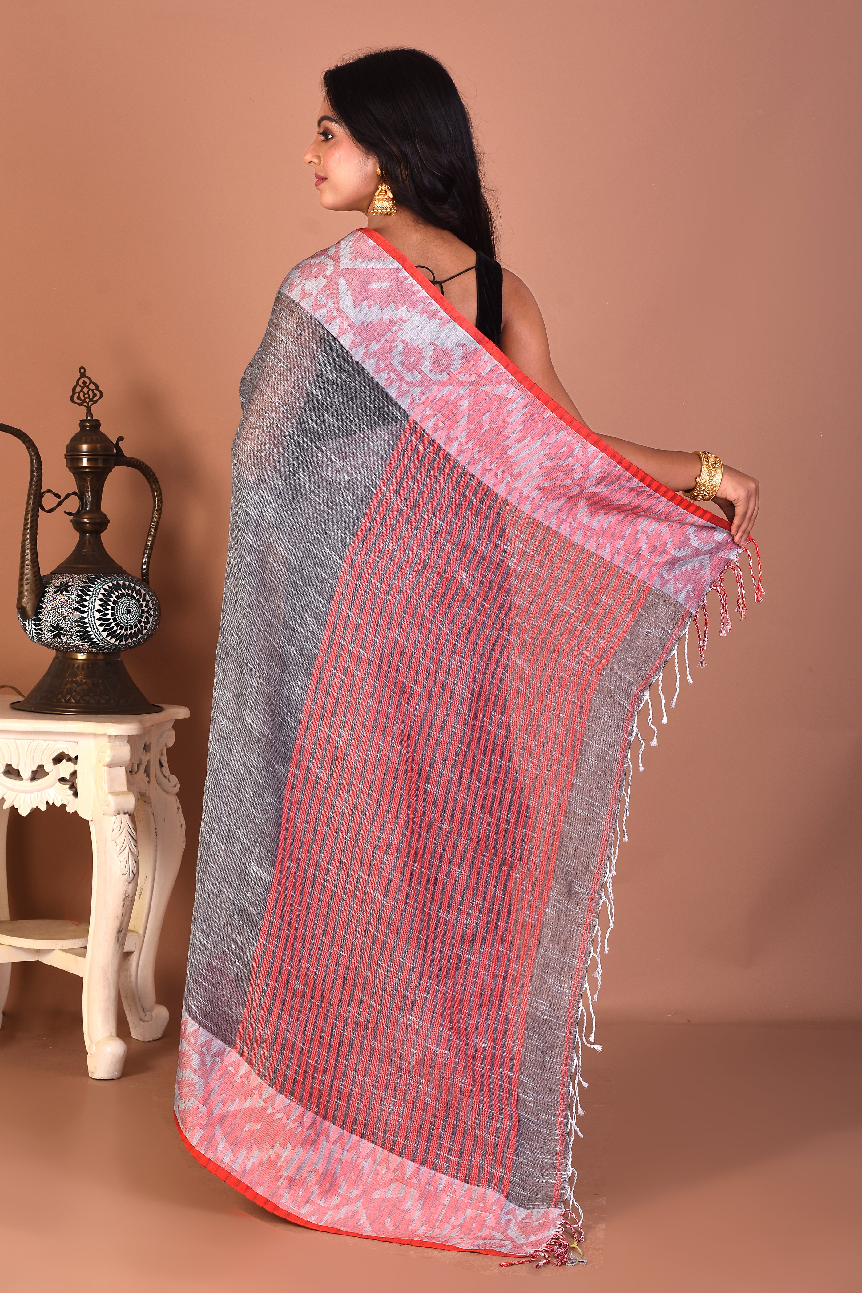 Grey Handloom Linen Saree - Keya Seth Exclusive