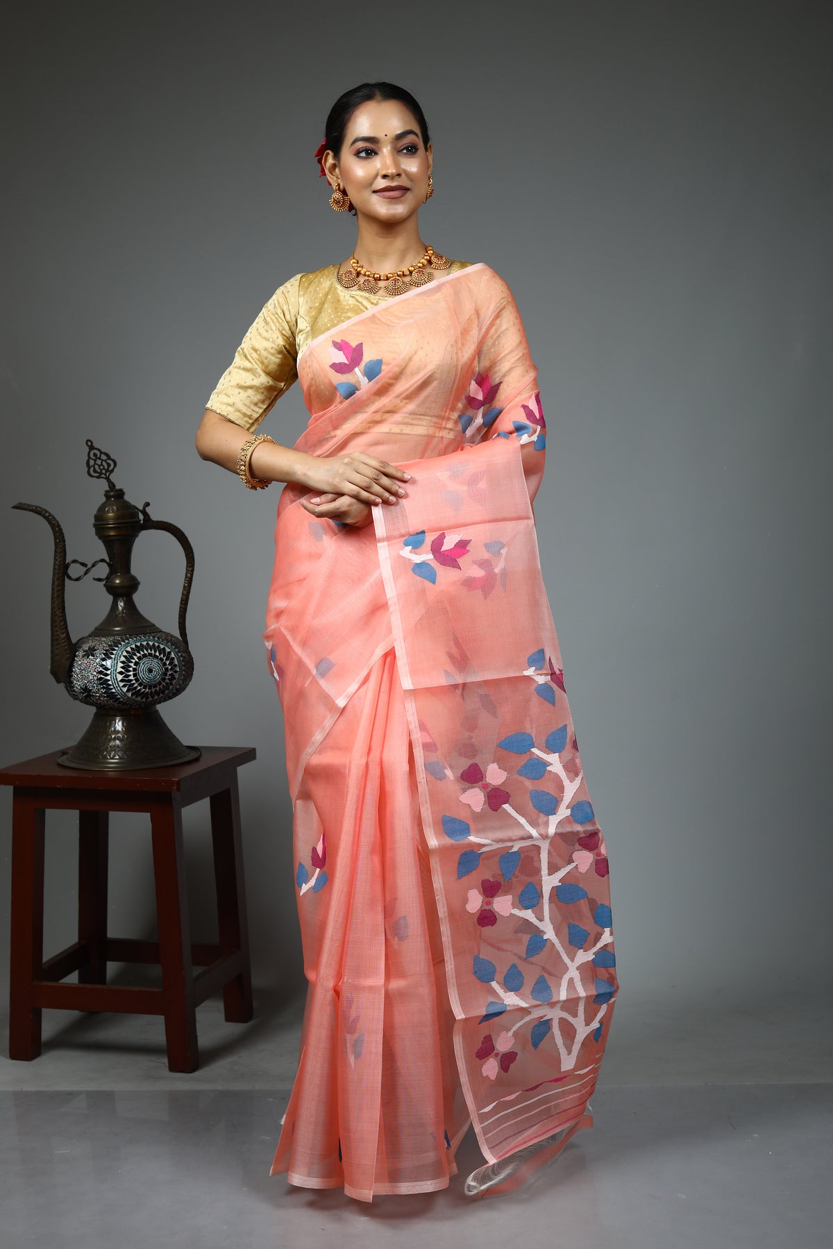 Peach Muslin Saree