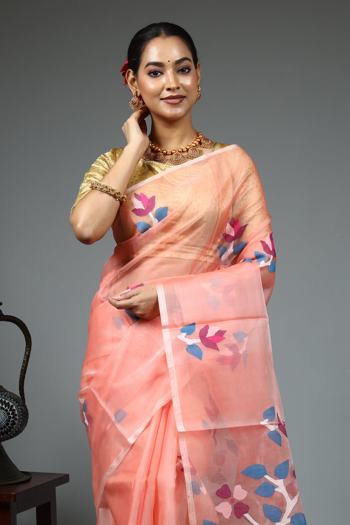 Peach Muslin Saree
