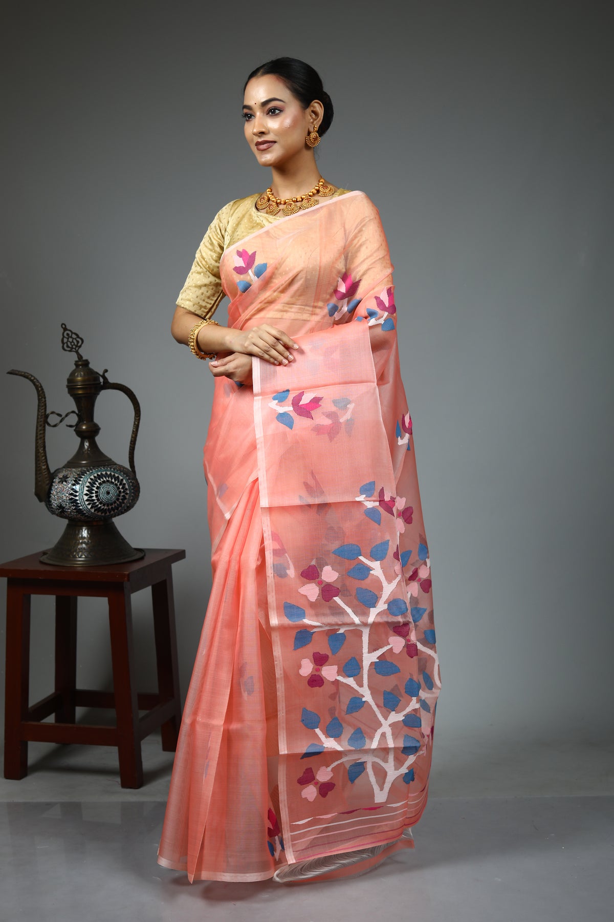 Peach Muslin Saree