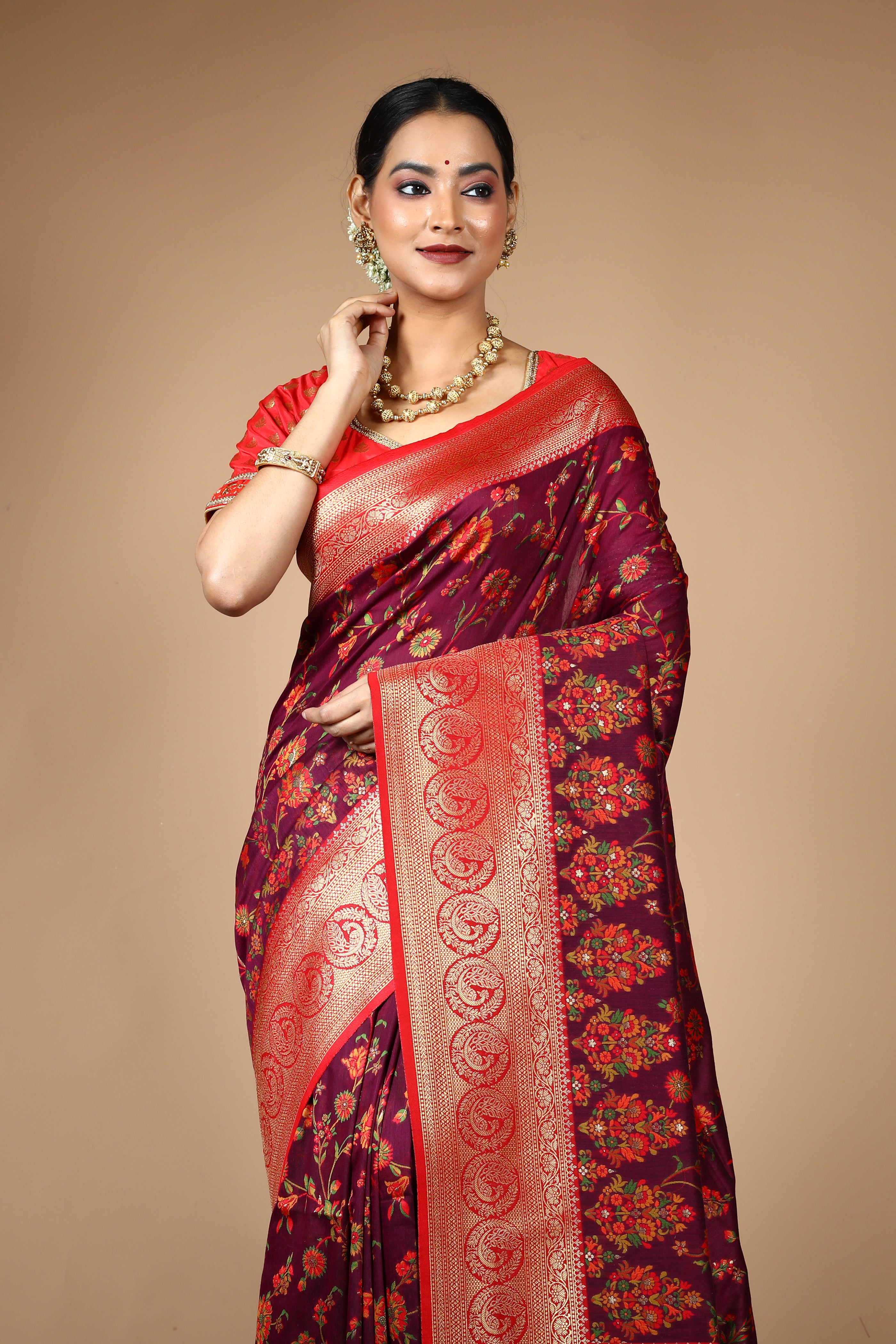 Wine Pure Silk Saree with Threadwork