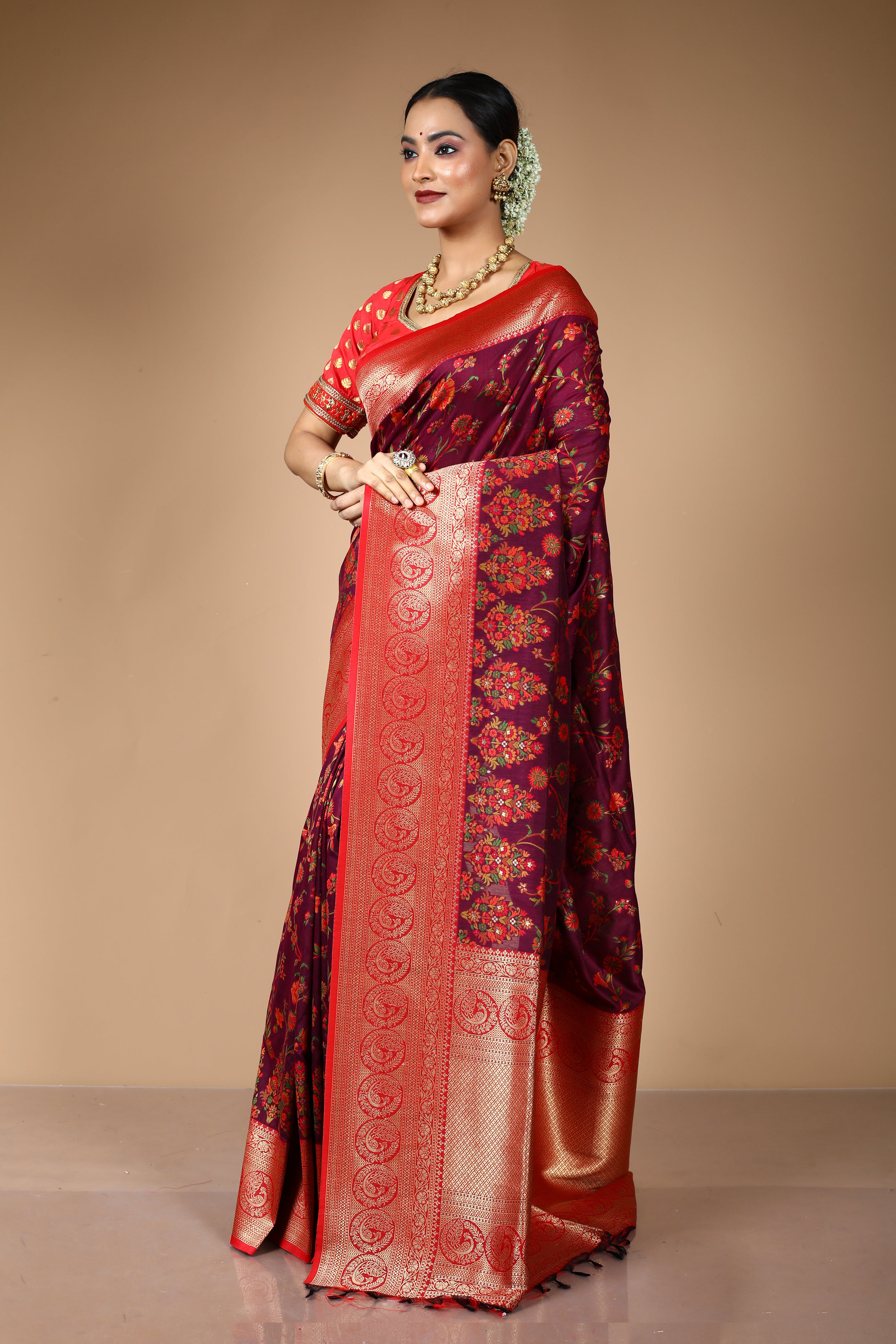 Wine Pure Silk Saree with Threadwork