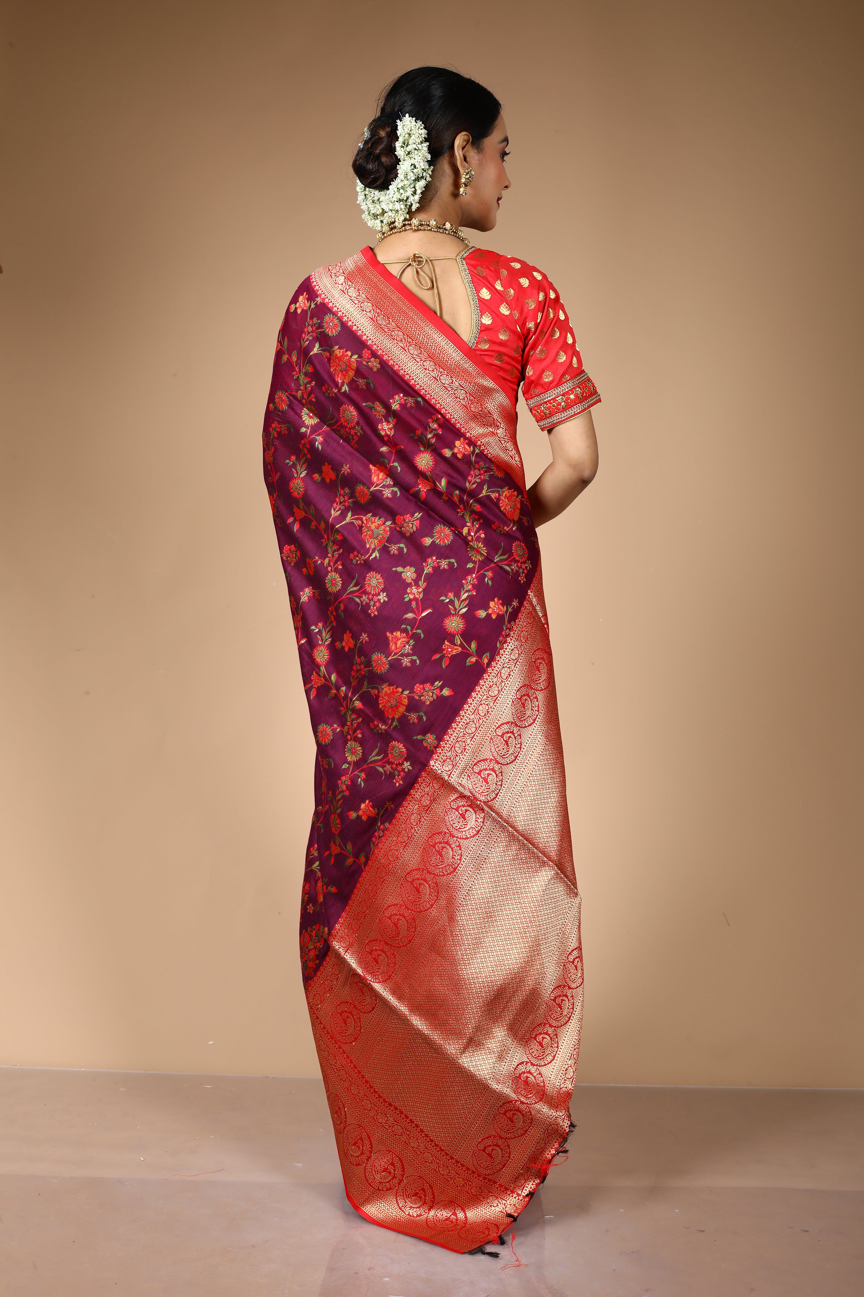 Wine Pure Silk Saree with Threadwork